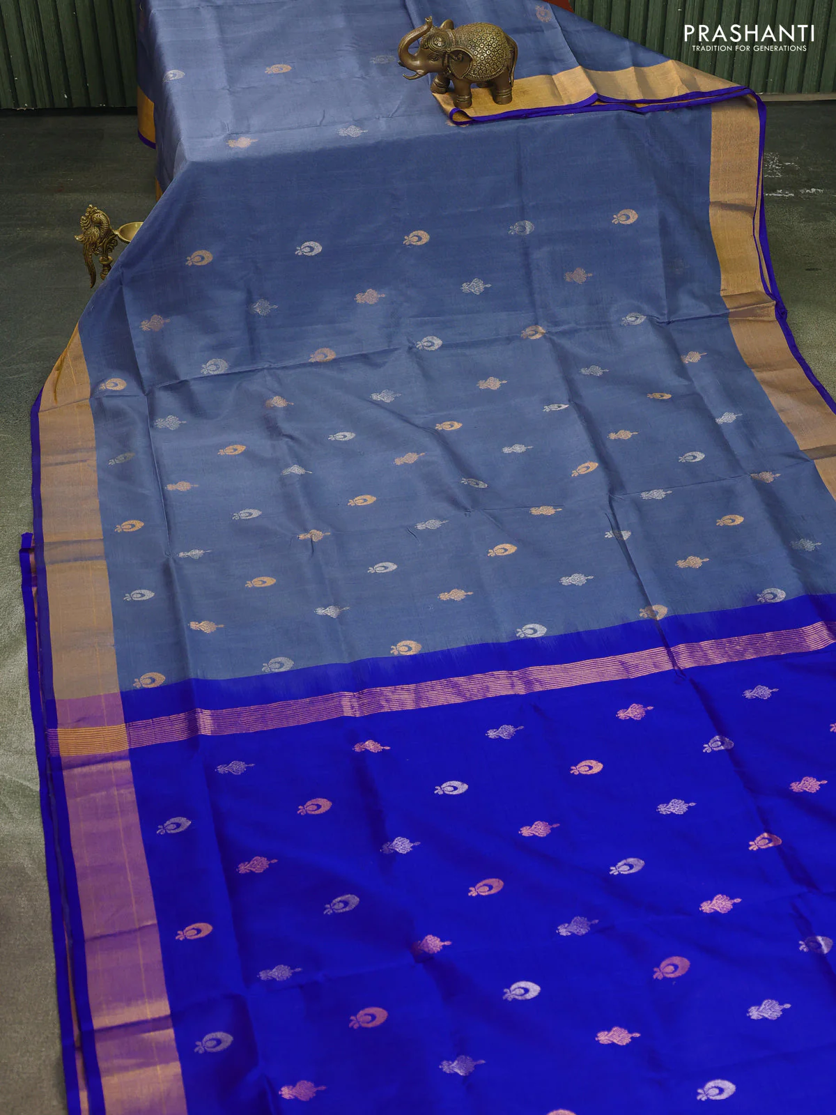 Pure uppada silk saree bluish grey and blue with silver & gold zari woven buttas and zari woven border - Image 2