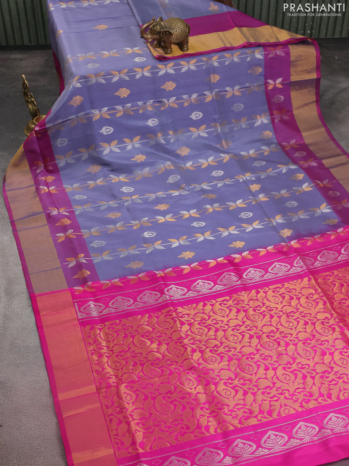Pure uppada silk saree bluish grey and pink with allover silver & gold zari weaves and zari woven border - Image 2