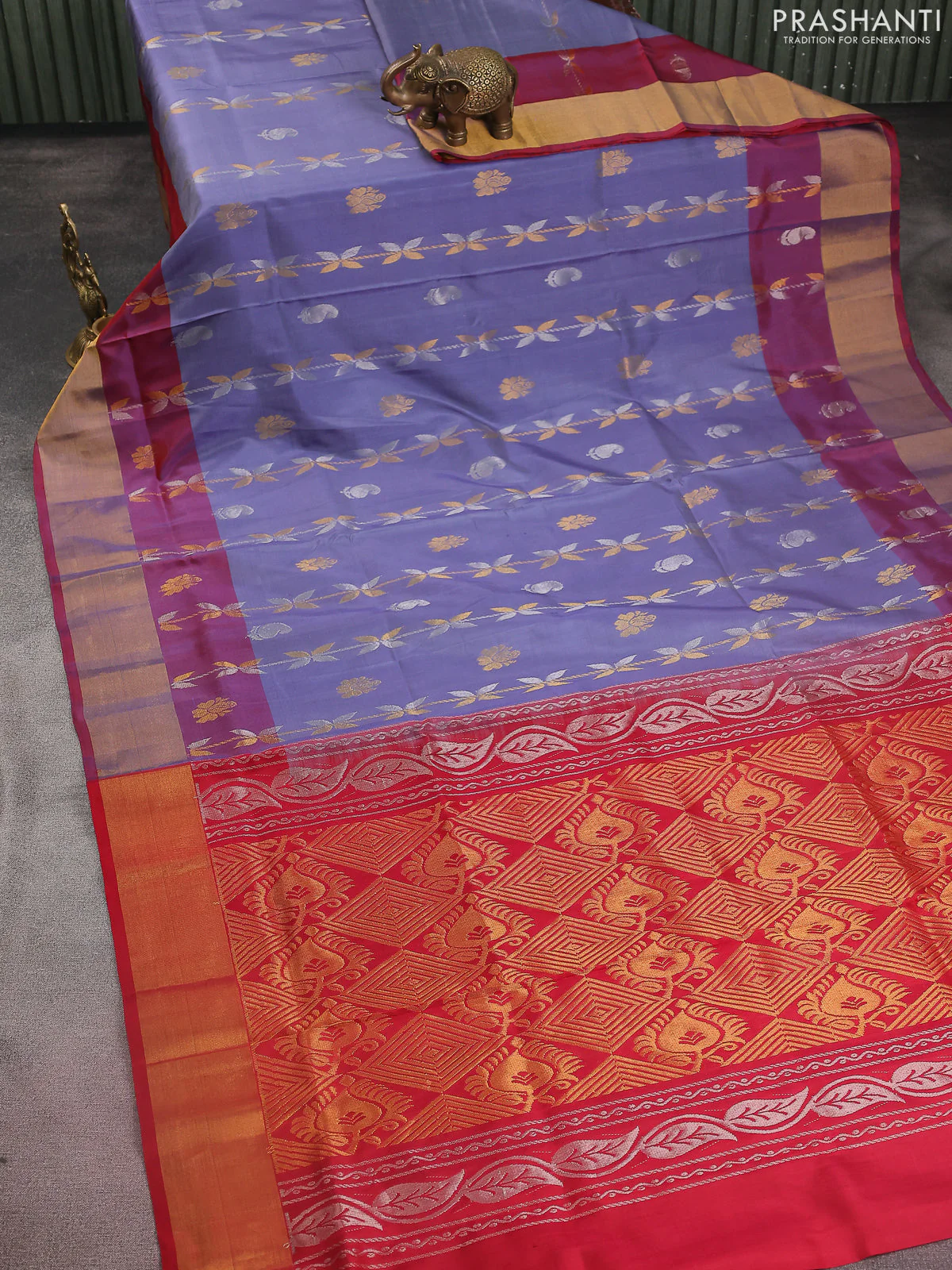 Pure uppada silk saree bluish grey and red with allover silver & gold zari weaves and zari woven border - Image 2