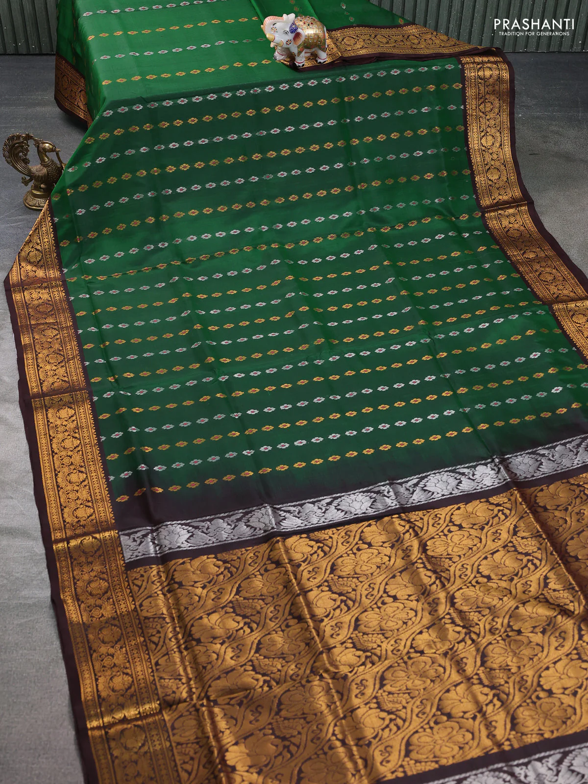 Pure uppada silk saree bottle green and deep brown with allover silver & gold zari woven buttas and zari woven border - Image 2