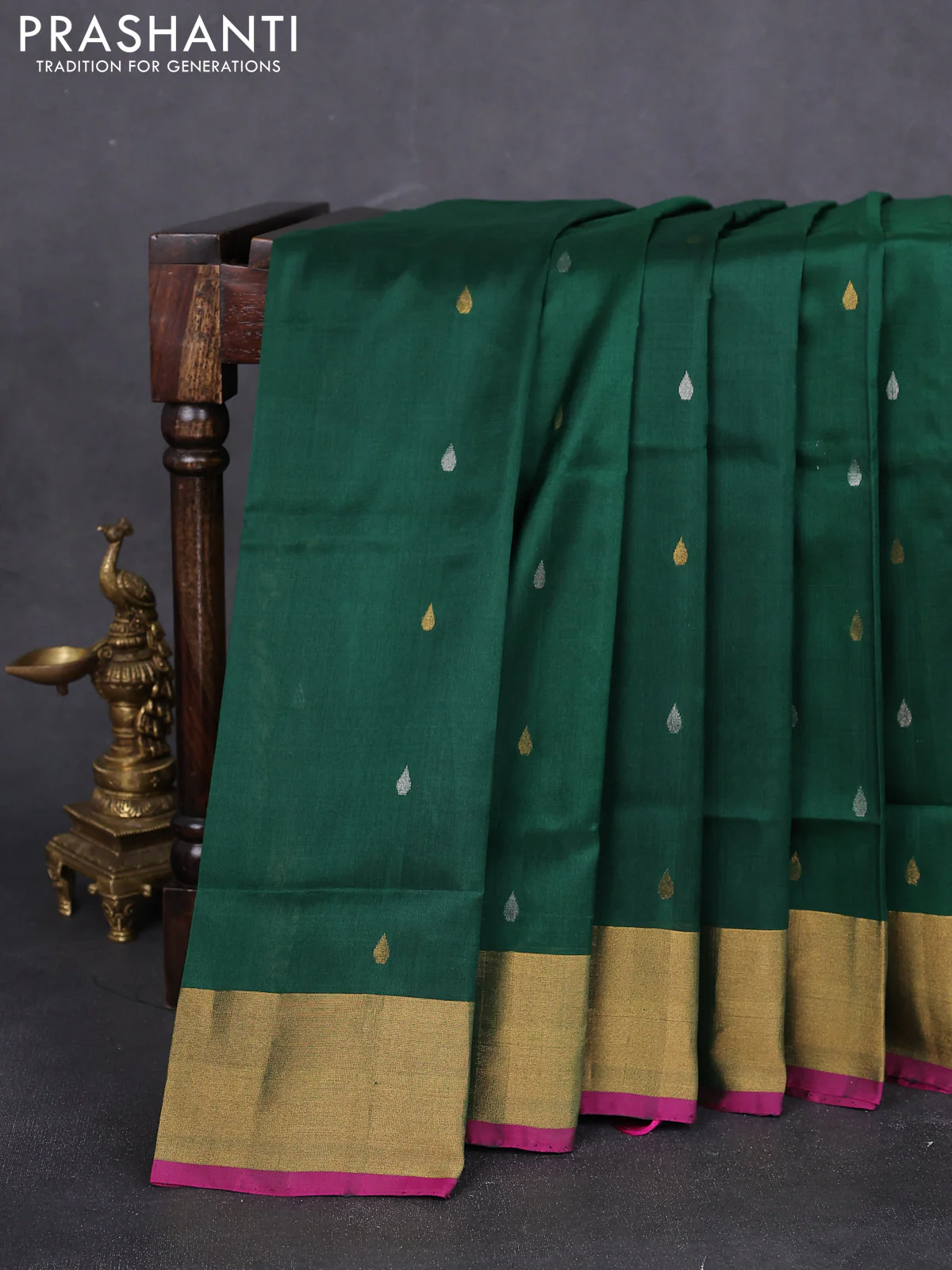 Pure uppada silk saree bottle green and pink with silver & gold zari woven tilak buttas and zari woven border