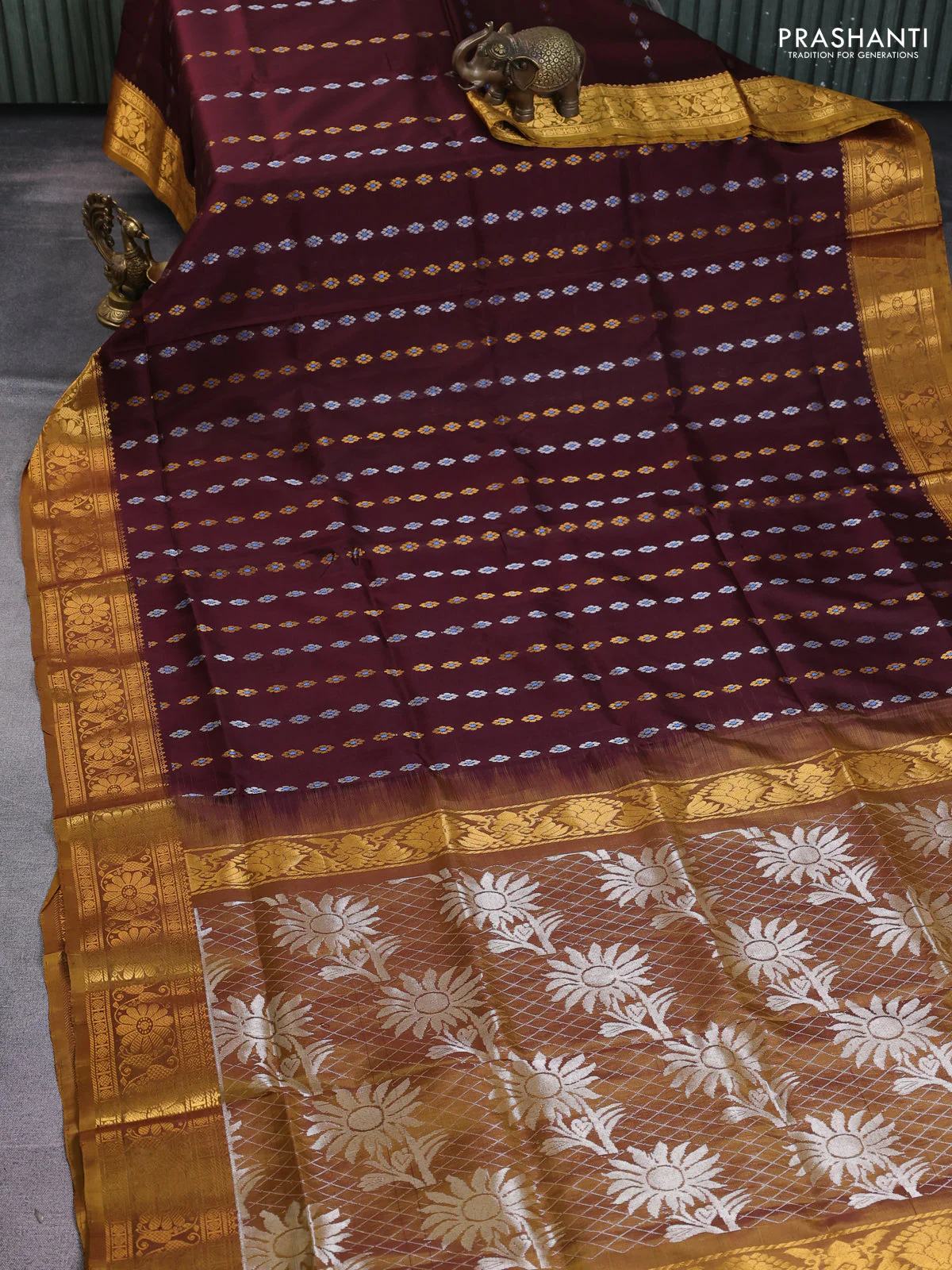 Pure uppada silk saree coffee brown and dark mustard with silver & gold zari woven floral buttas and zari woven floral border - Image 2