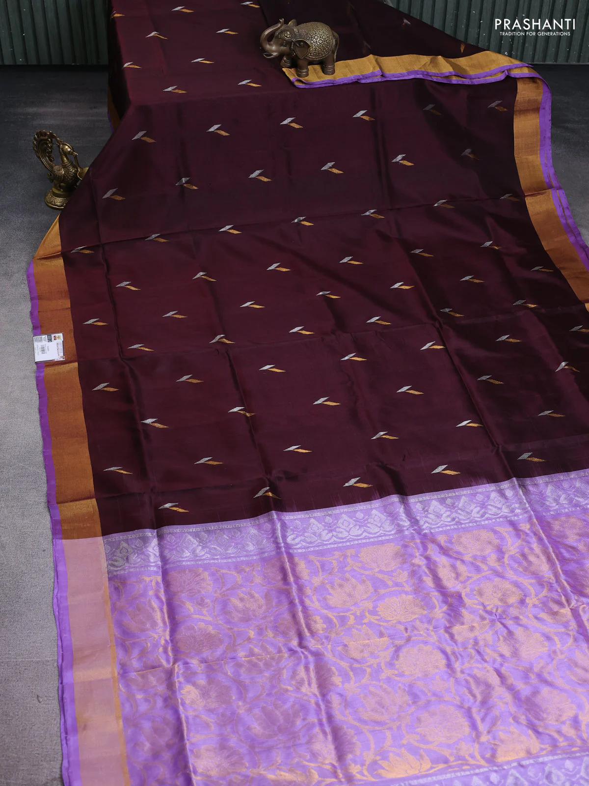 Pure uppada silk saree coffee brown and lavender with silver & gold zari woven buttas and zari woven border - Image 2