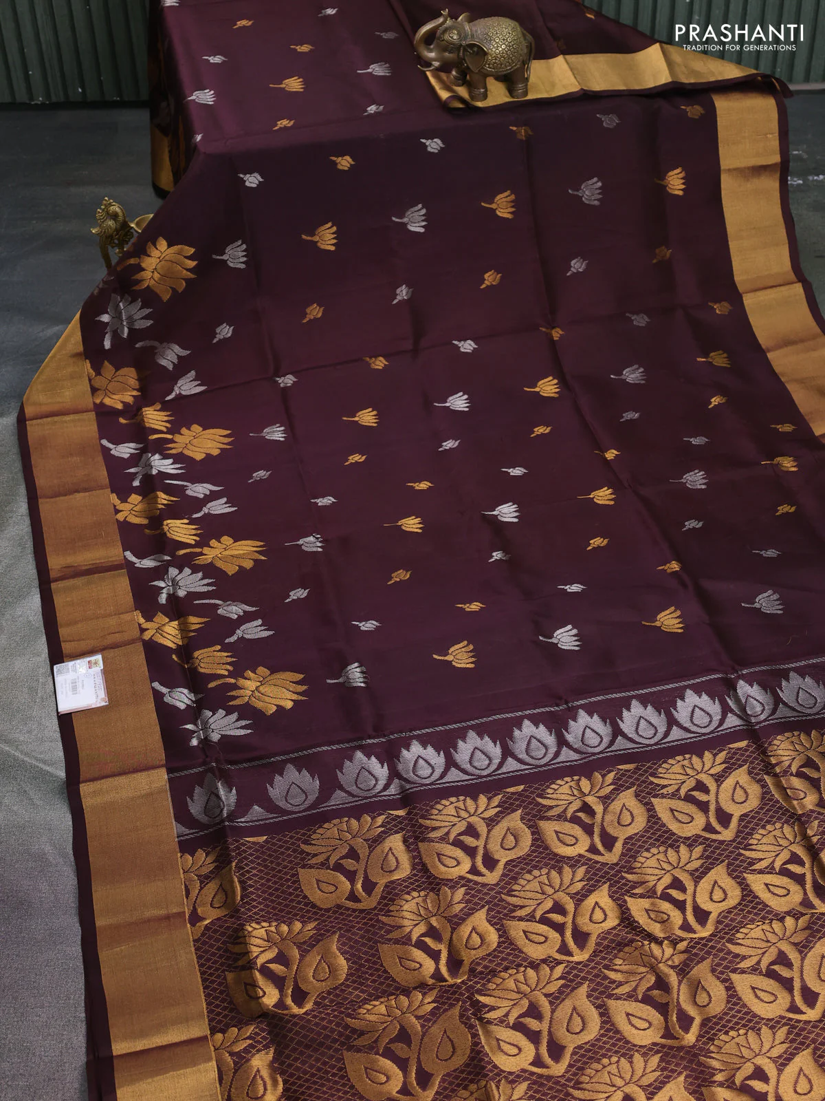 Pure uppada silk saree coffee brown with silver & gold zari woven floral buttas and rich zari woven border - Image 2