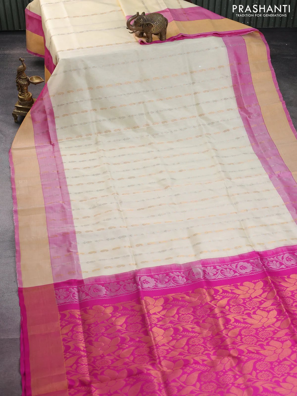 Pure uppada silk saree cream and pink with silver & gold zari woven butta weaves and zari woven border - Image 2