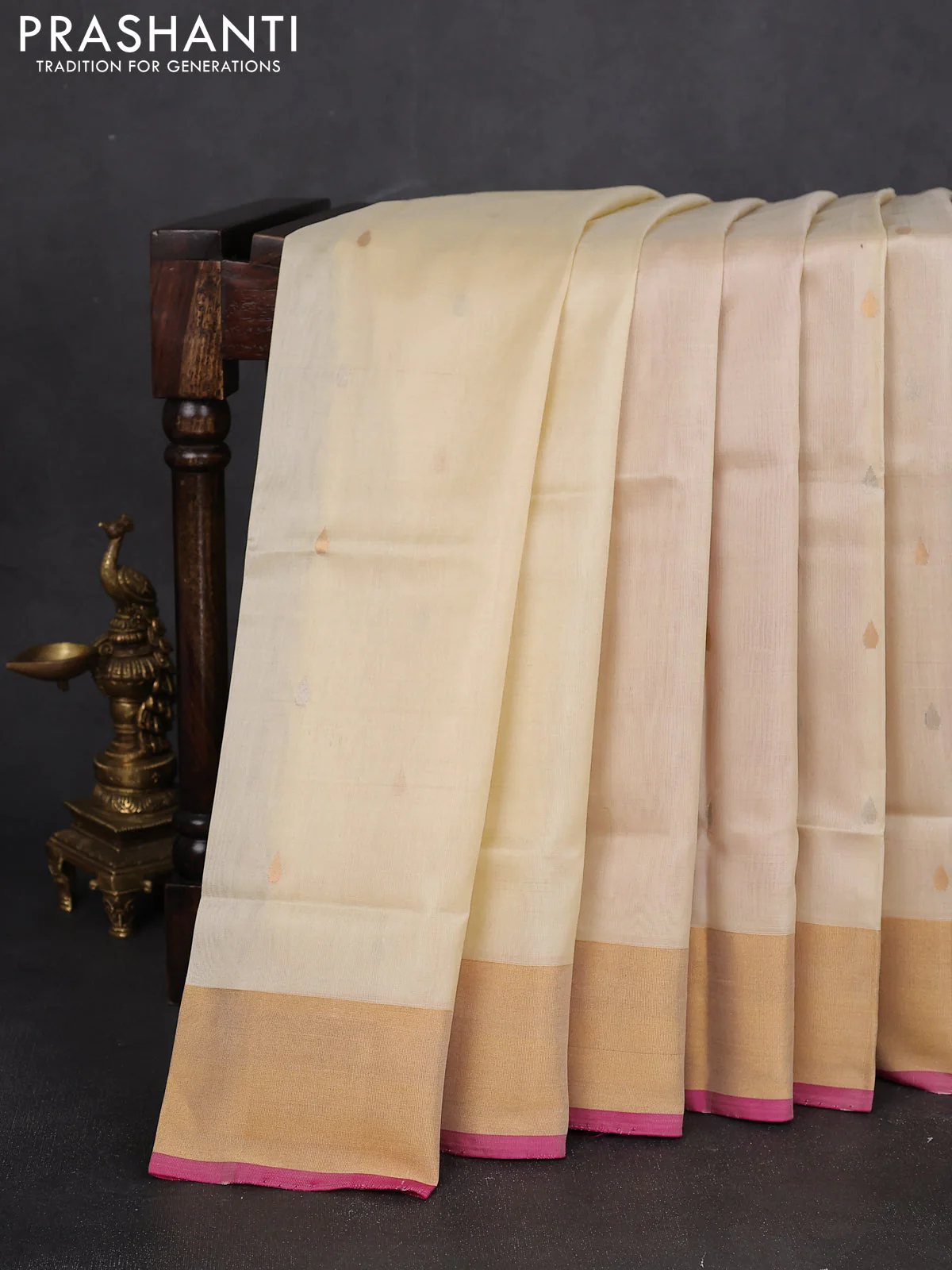 Pure uppada silk saree cream and pink with silver & gold zari woven tilak buttas and zari woven border