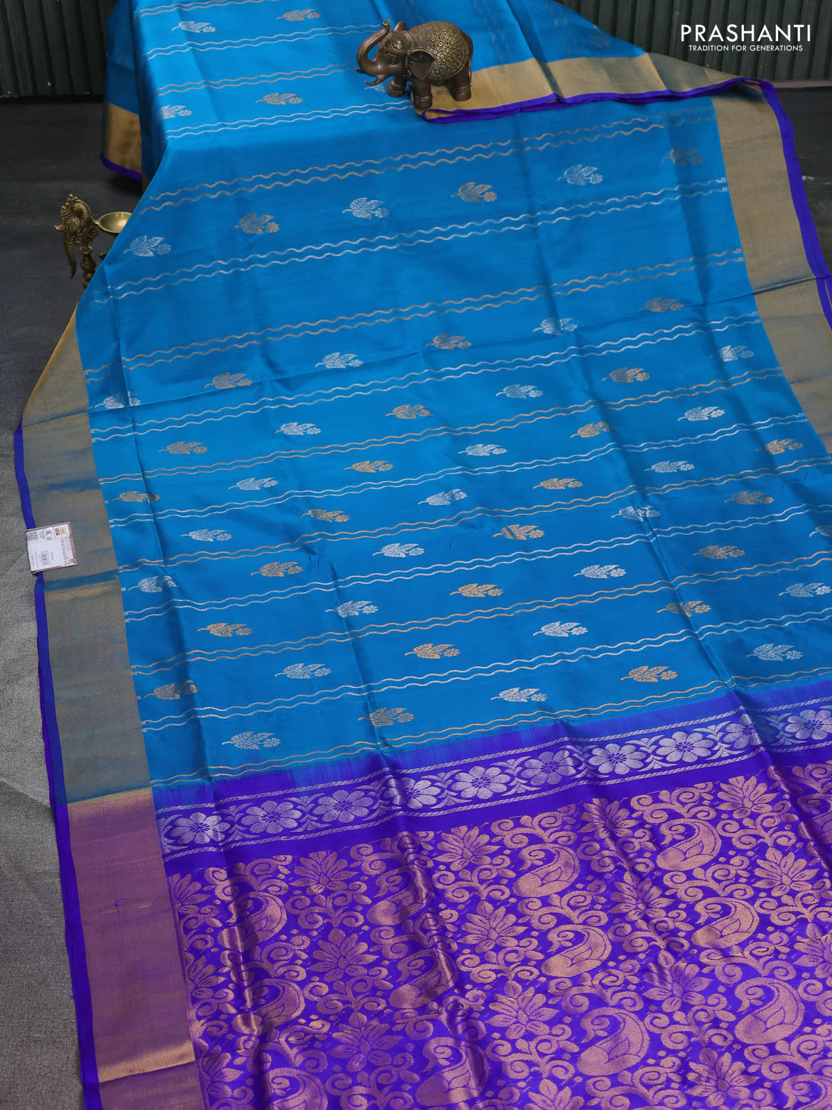 Pure uppada silk saree cs blue and blue with allover silver & gold zari weaves and zari woven border - Image 2