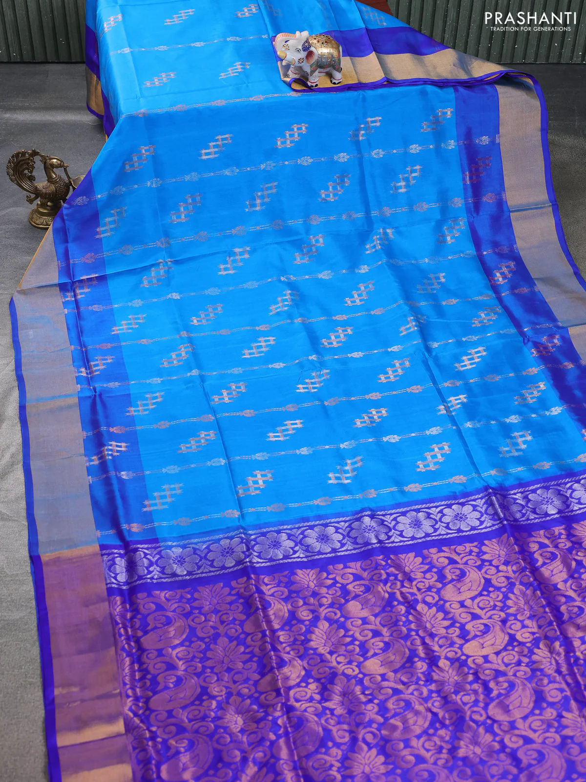 Pure uppada silk saree cs blue and blue with allover zari weaves and zari woven border - Image 2