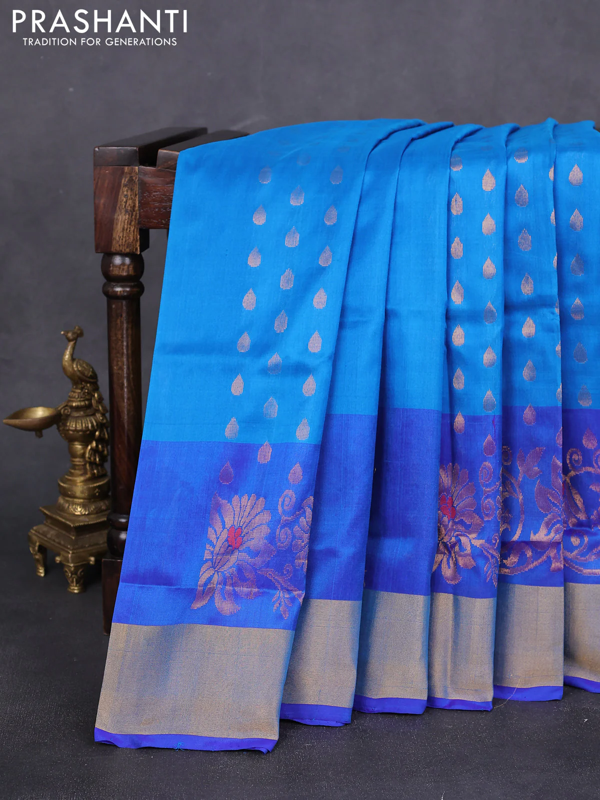 Pure uppada silk saree cs blue and blue with allover zari woven thilak butta and zari woven border