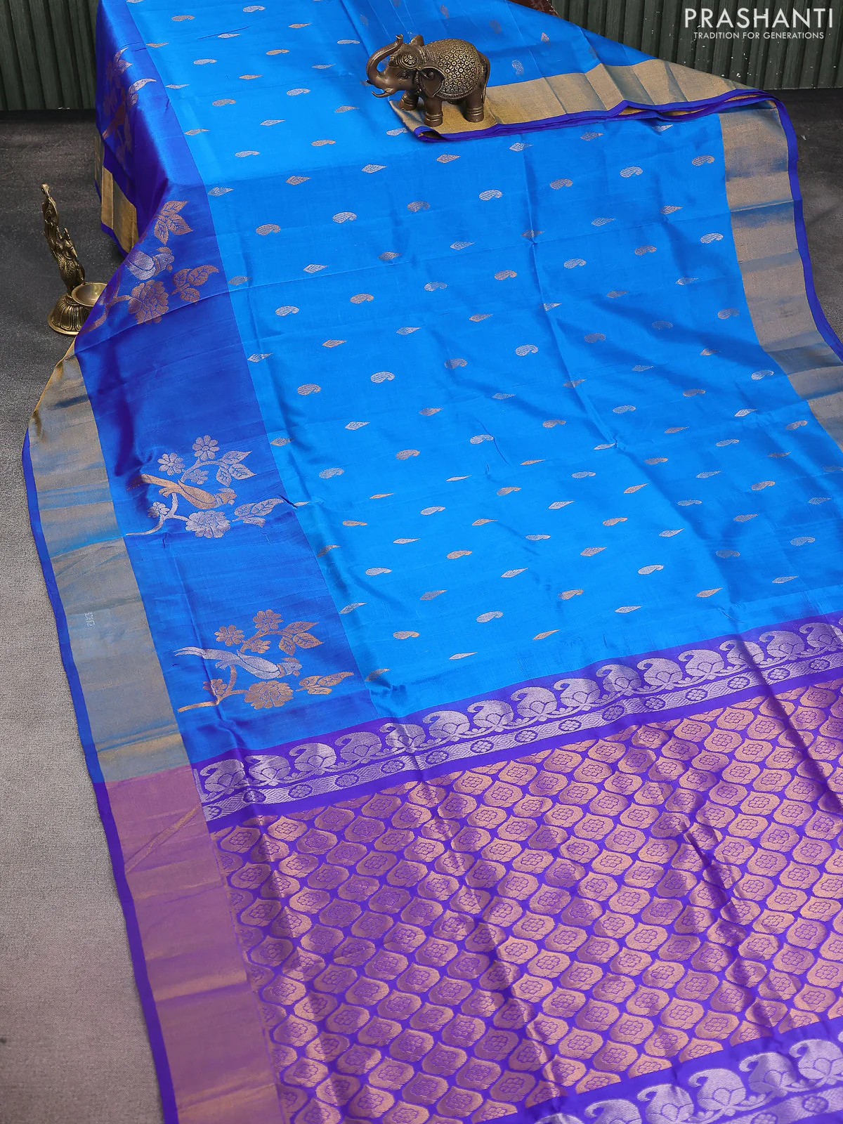 Pure uppada silk saree cs blue and blue with silver & gold zari woven buttas and long zari woven butta border - Image 2