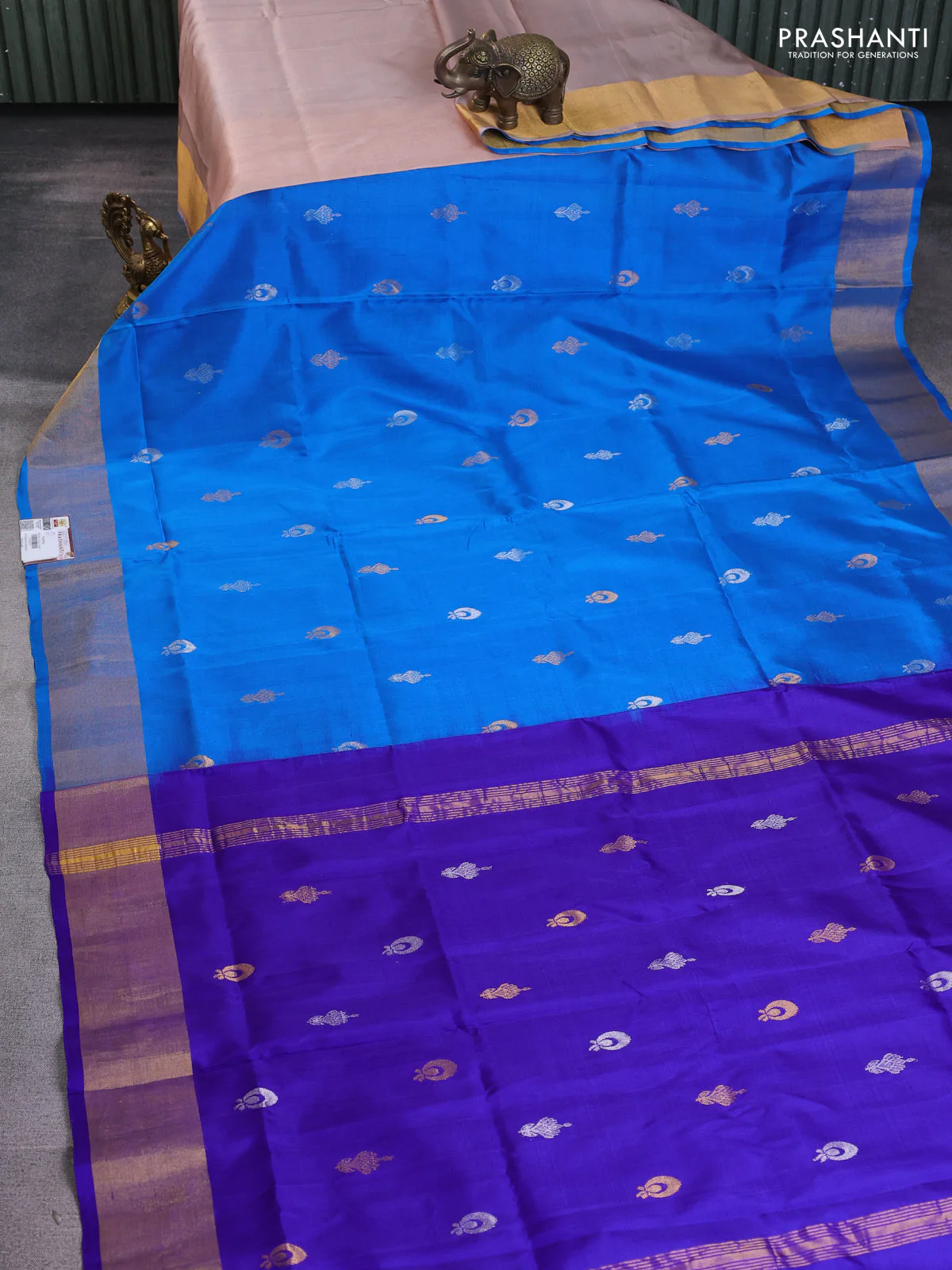 Pure uppada silk saree cs blue and blue with silver & gold zari woven buttas and zari woven border - Image 2