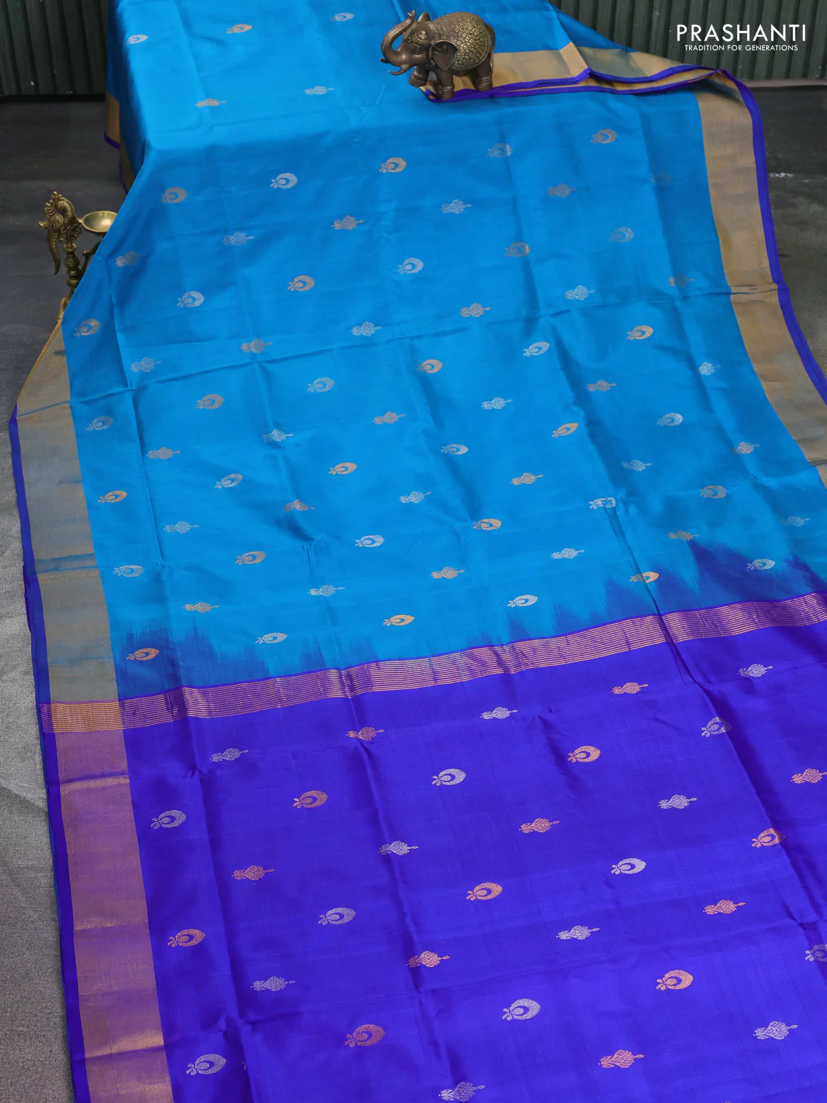 Pure uppada silk saree cs blue and blue with silver & gold zari woven buttas and zari woven border - Image 2