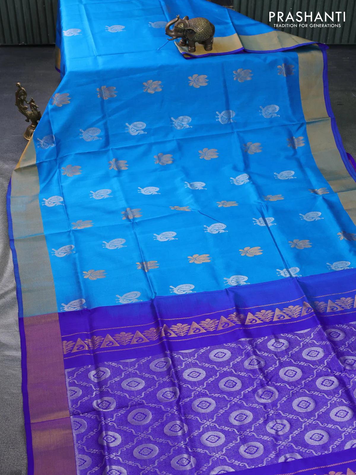 Pure uppada silk saree cs blue and blue with silver & gold zari woven buttas and zari woven border - Image 2