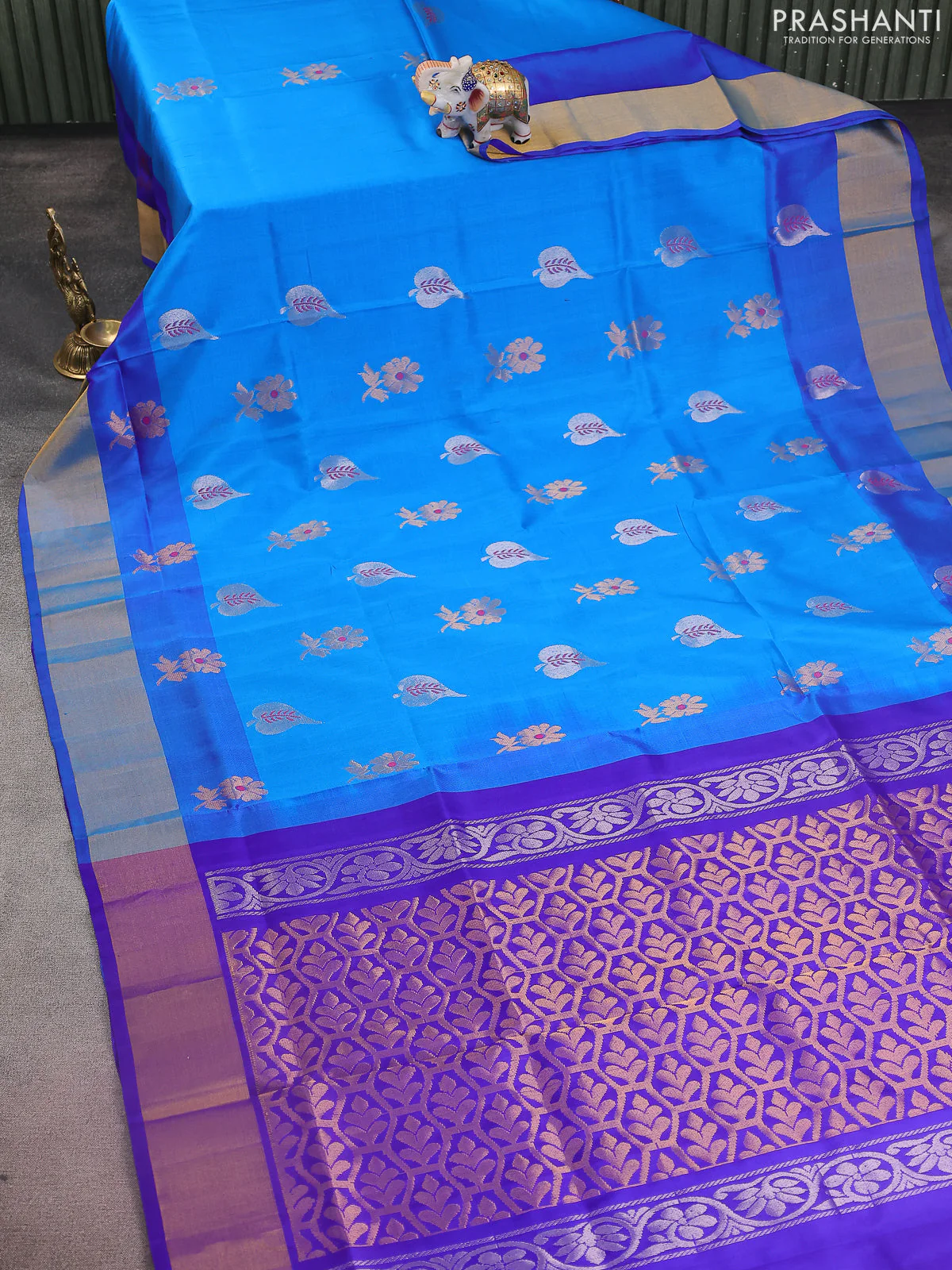 Pure uppada silk saree cs blue and blue with silver & gold zari woven buttas and zari woven border - Image 2