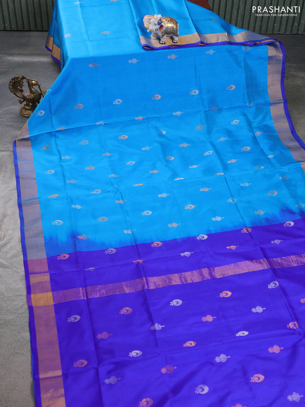Pure uppada silk saree cs blue and blue with silver & gold zari woven buttas and zari woven border - Image 2