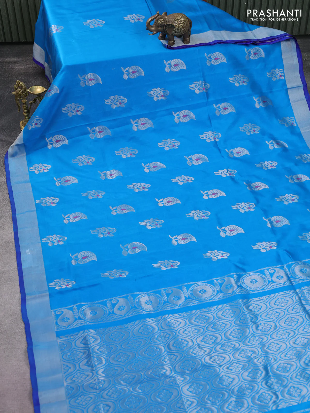 Pure uppada silk saree cs blue and blue with silver zari woven buttas and silver zari woven border - Image 2