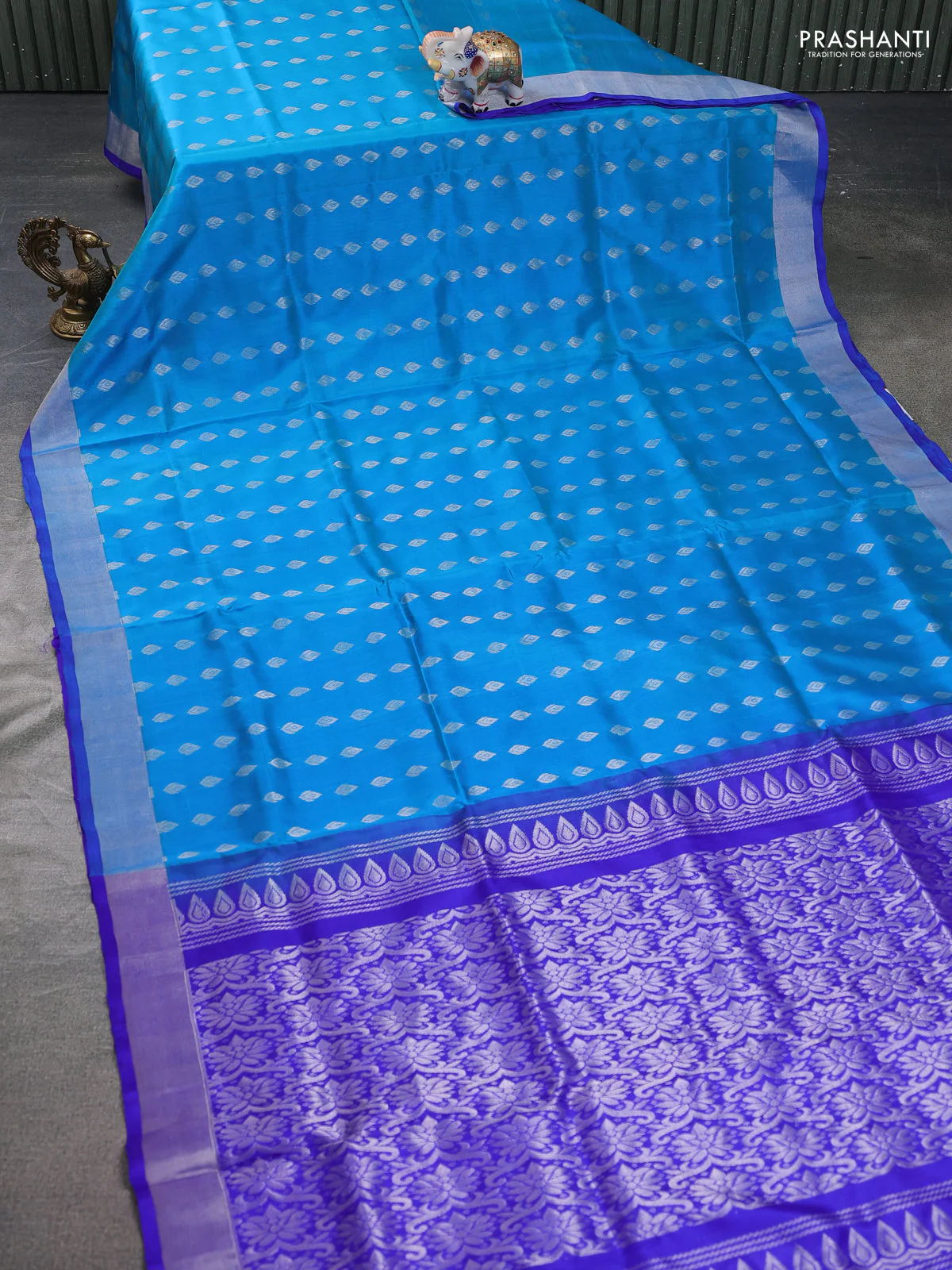 Pure uppada silk saree cs blue and blue with silver zari woven buttas and silver zari woven border - Image 2