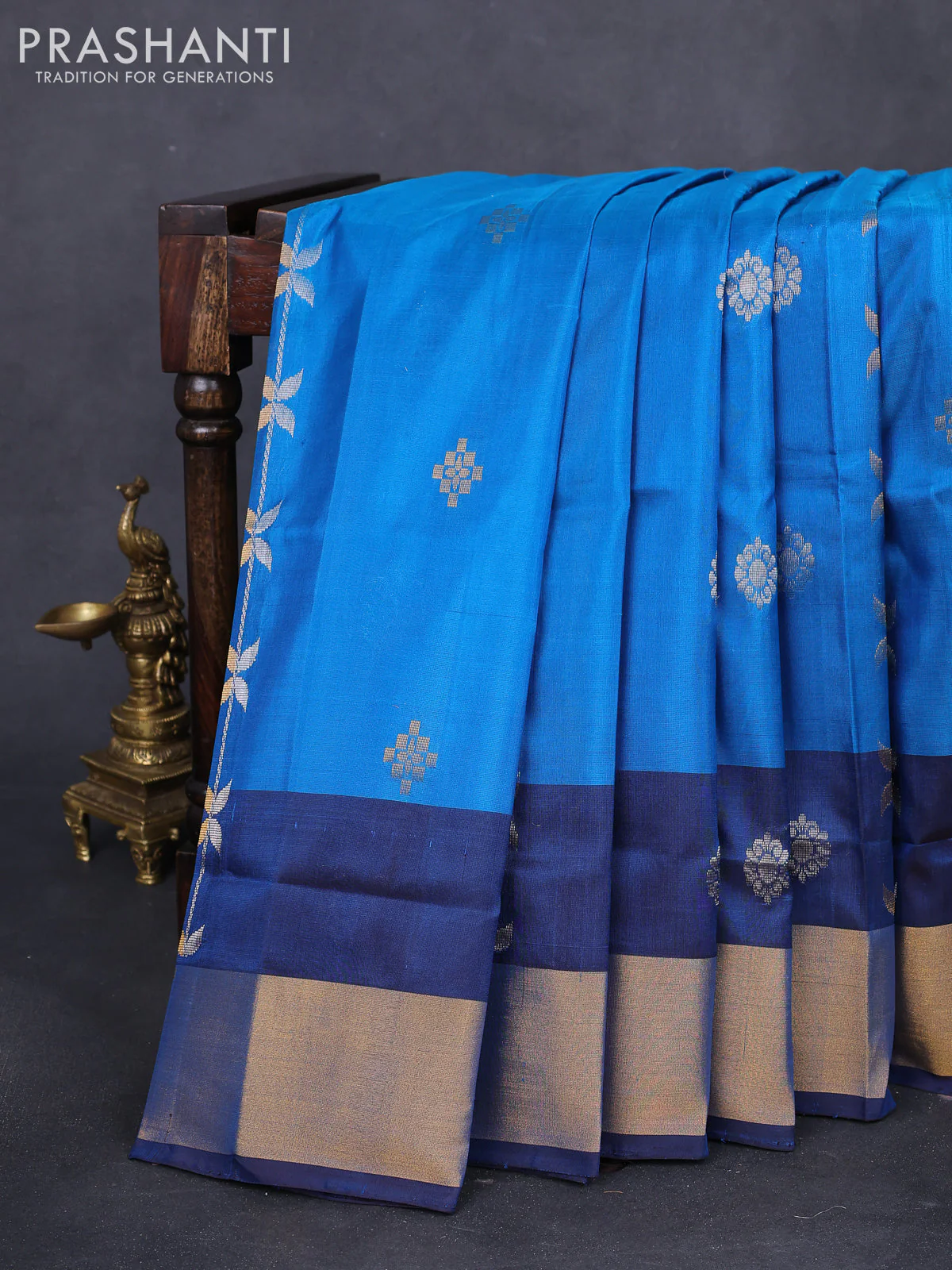 Pure uppada silk saree cs blue and coffee brown with allover silver & gold zari weaves and zari woven border