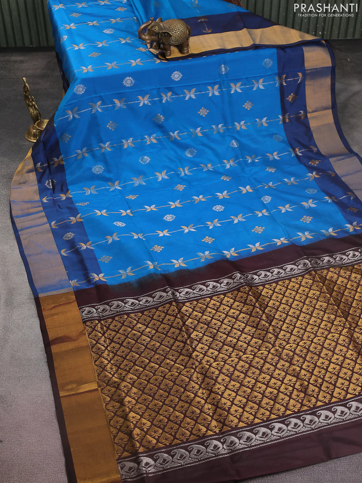 Pure uppada silk saree cs blue and coffee brown with allover silver & gold zari weaves and zari woven border - Image 2