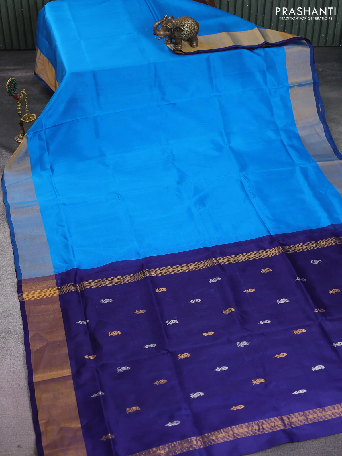 Pure uppada silk saree cs blue and dark blue with plain body and zari woven border - Image 2