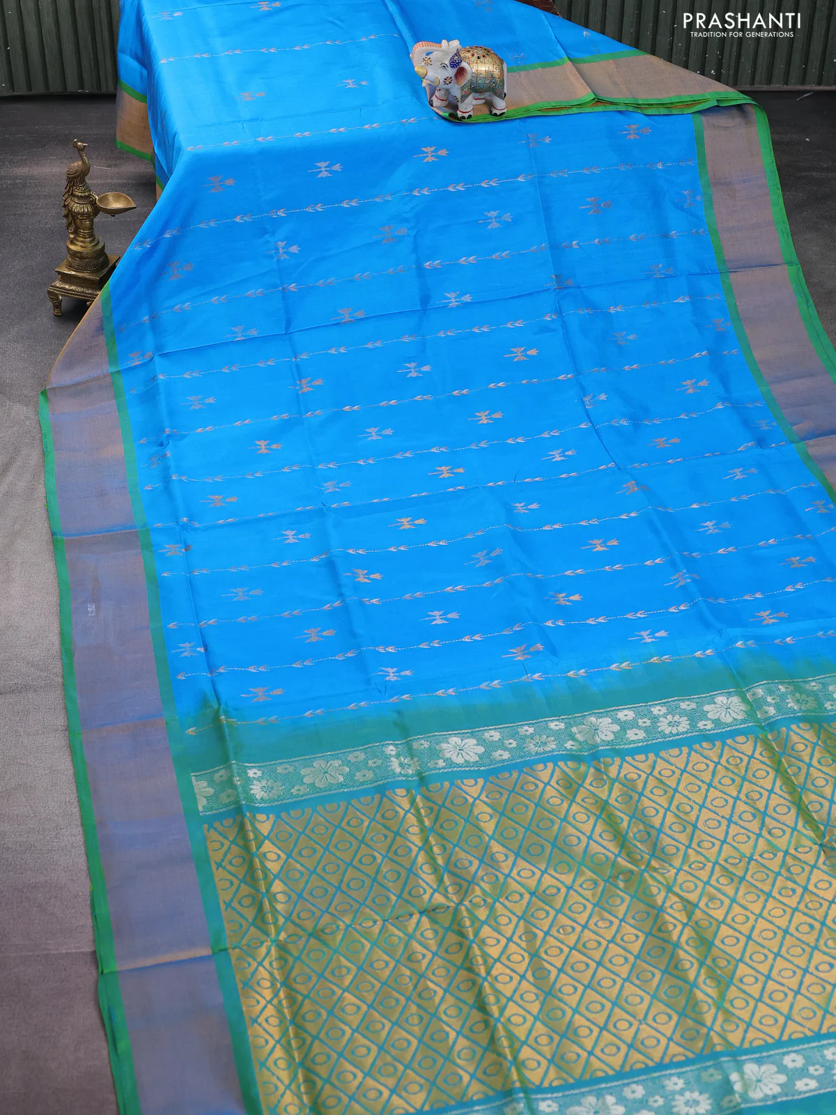 Pure uppada silk saree cs blue and dual shade of green with allover silver & gold zari weaves and zari woven border - Image 2