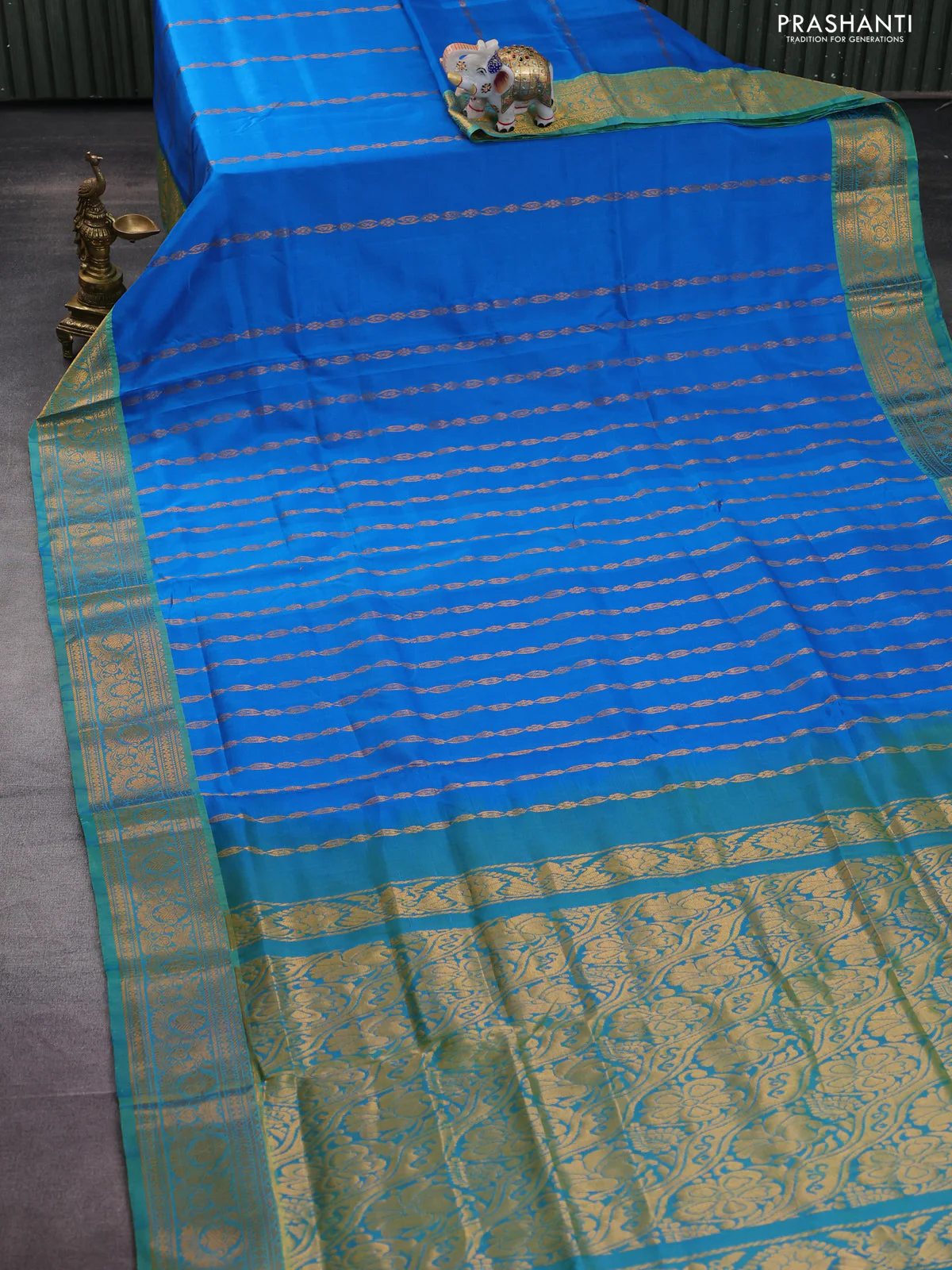Pure uppada silk saree cs blue and dual shade of green with allover zari weaves and zari woven border - Image 2