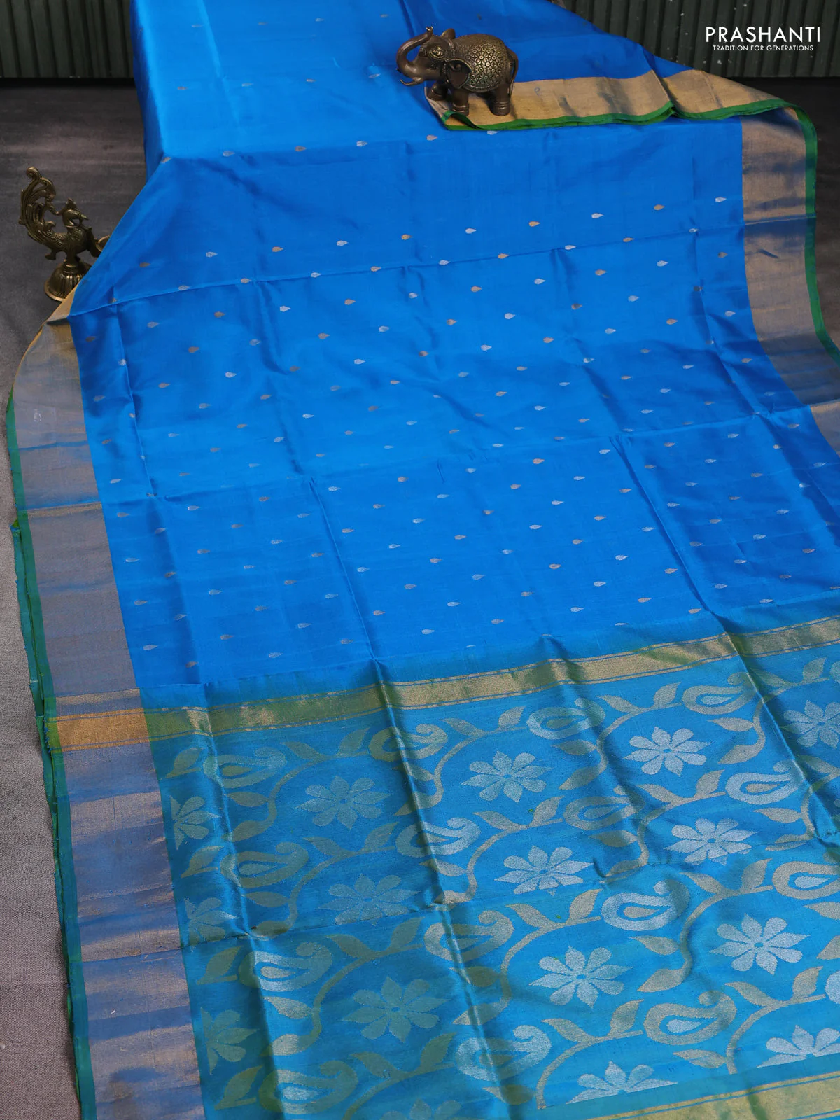Pure uppada silk saree cs blue and dual shade of greenish blue with silver & gold zari woven tilak buttas and zari woven border - Image 2
