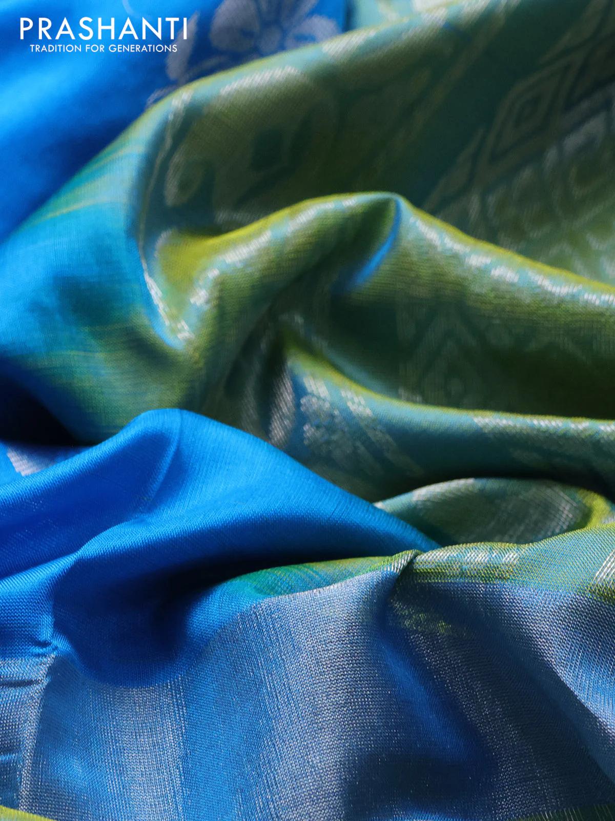 Pure uppada silk saree cs blue and dual shade of lime green with allover silver zari woven floral buttas and long silver zari woven paisley butta border - Image 3