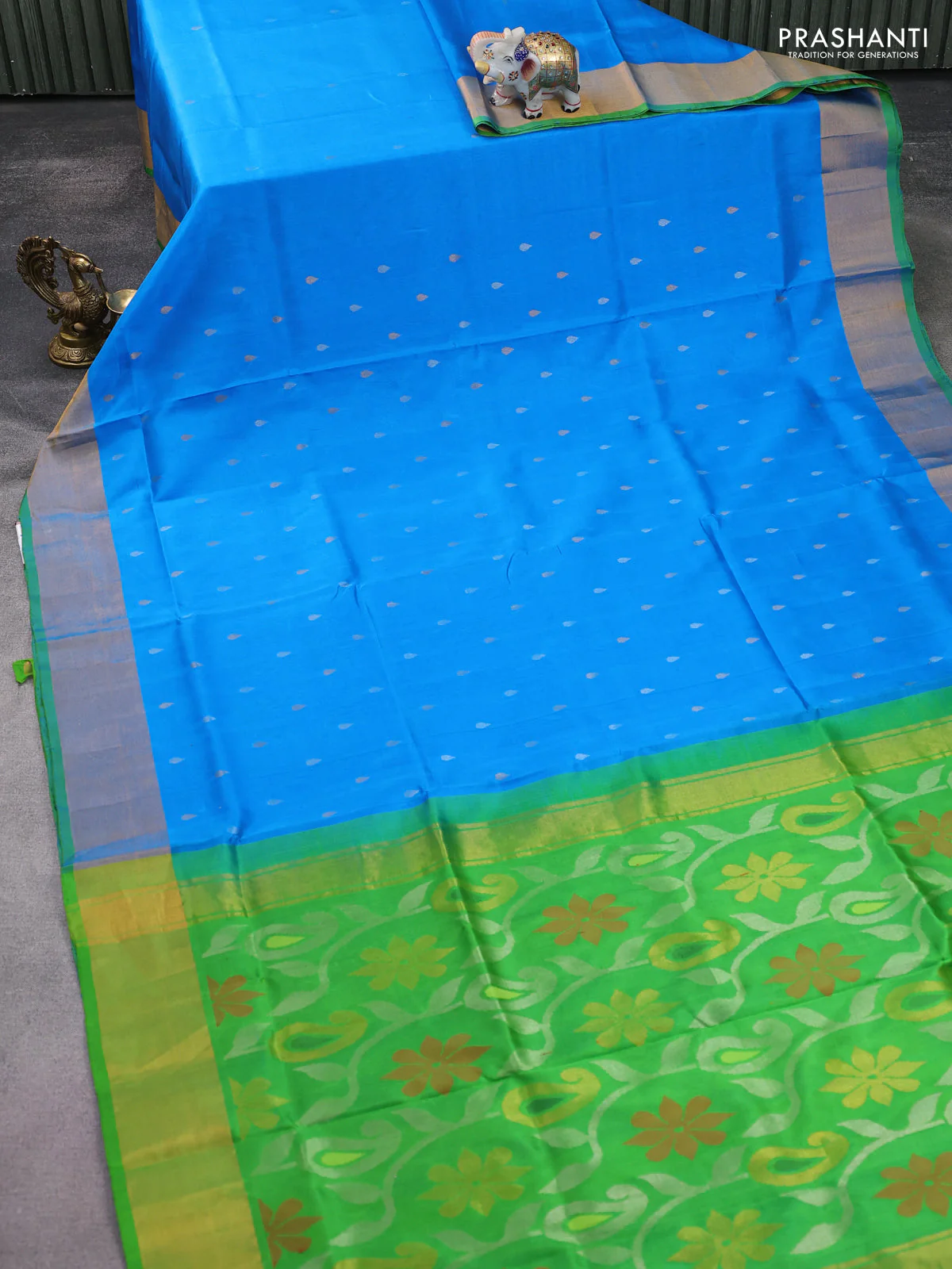 Pure uppada silk saree cs blue and light green with silver & gold zari woven buttas and zari woven border - Image 2