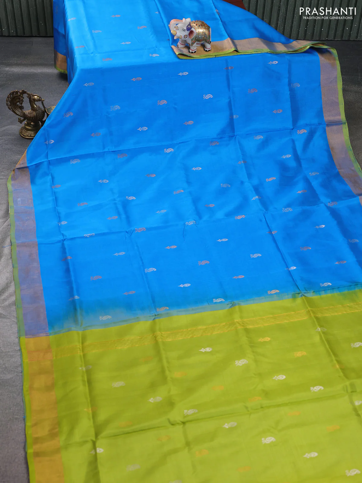Pure uppada silk saree cs blue and lime green with silver & gold zari woven buttas and zari woven border - Image 2