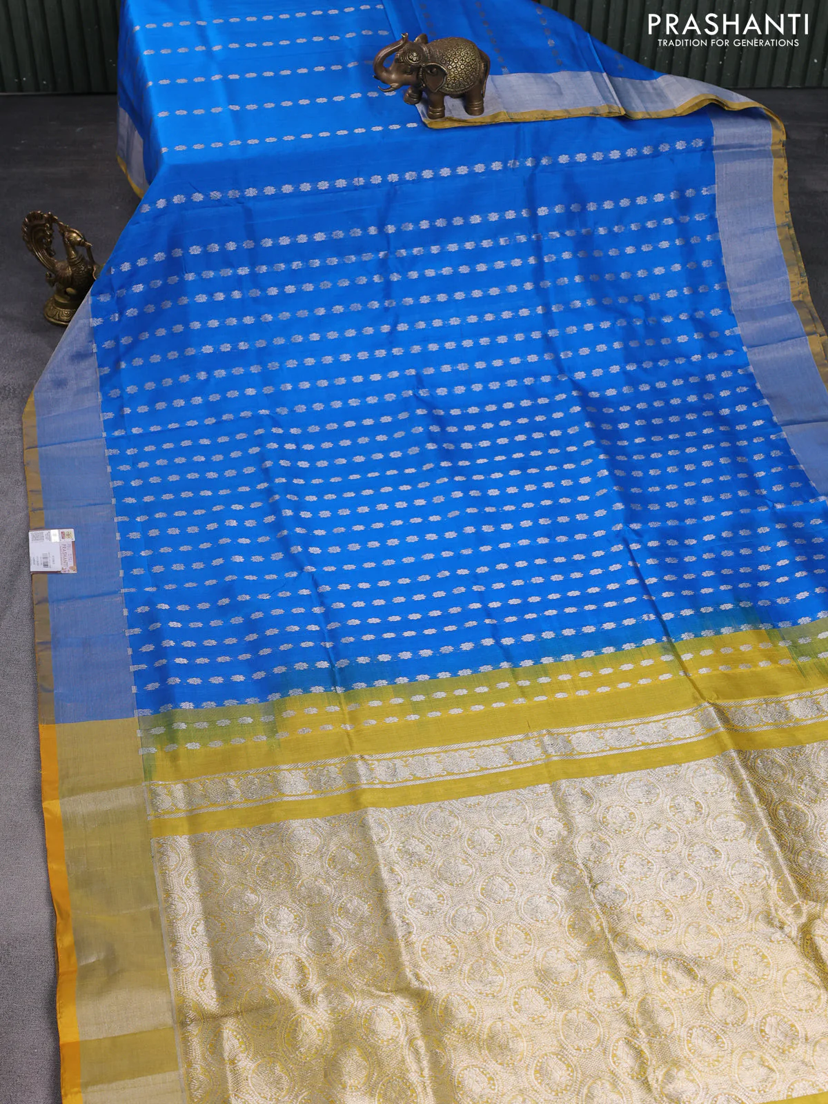 Pure uppada silk saree cs blue and mustard yellow with allover silver zari woven buttas and silver zari woven border - Image 2