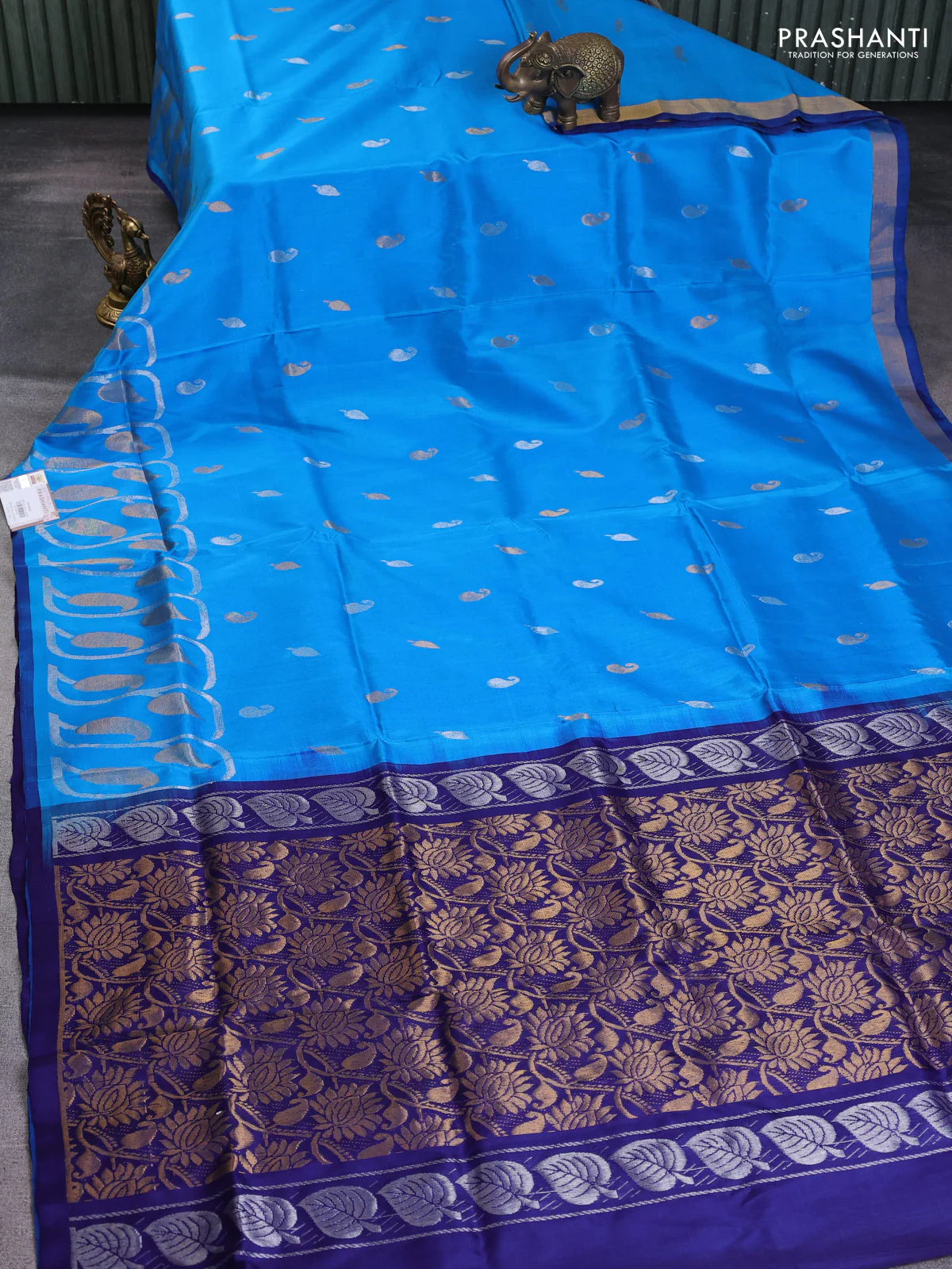 Pure uppada silk saree cs blue and navy blue with silver & gold zari woven buttas and long rich zari woven border - Image 2