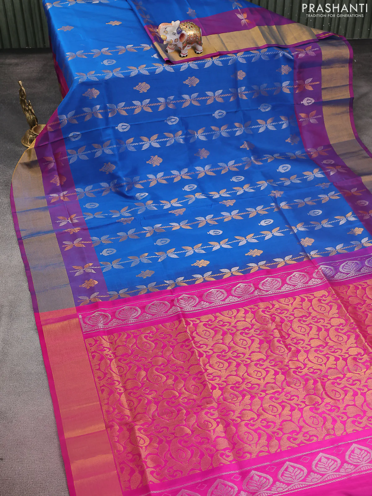 Pure uppada silk saree cs blue and pink with allover silver & gold zari weaves and zari woven border - Image 2