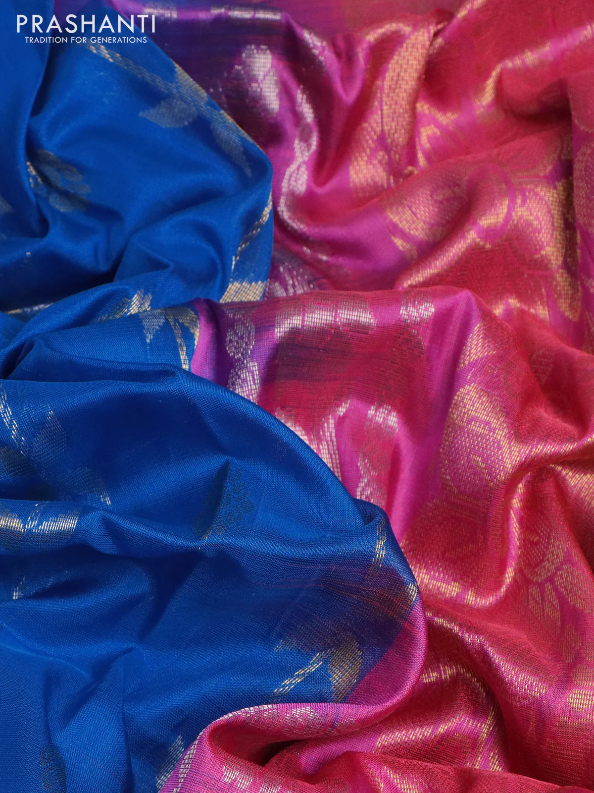 Pure uppada silk saree cs blue and pink with allover silver & gold zari weaves and zari woven border - Image 3