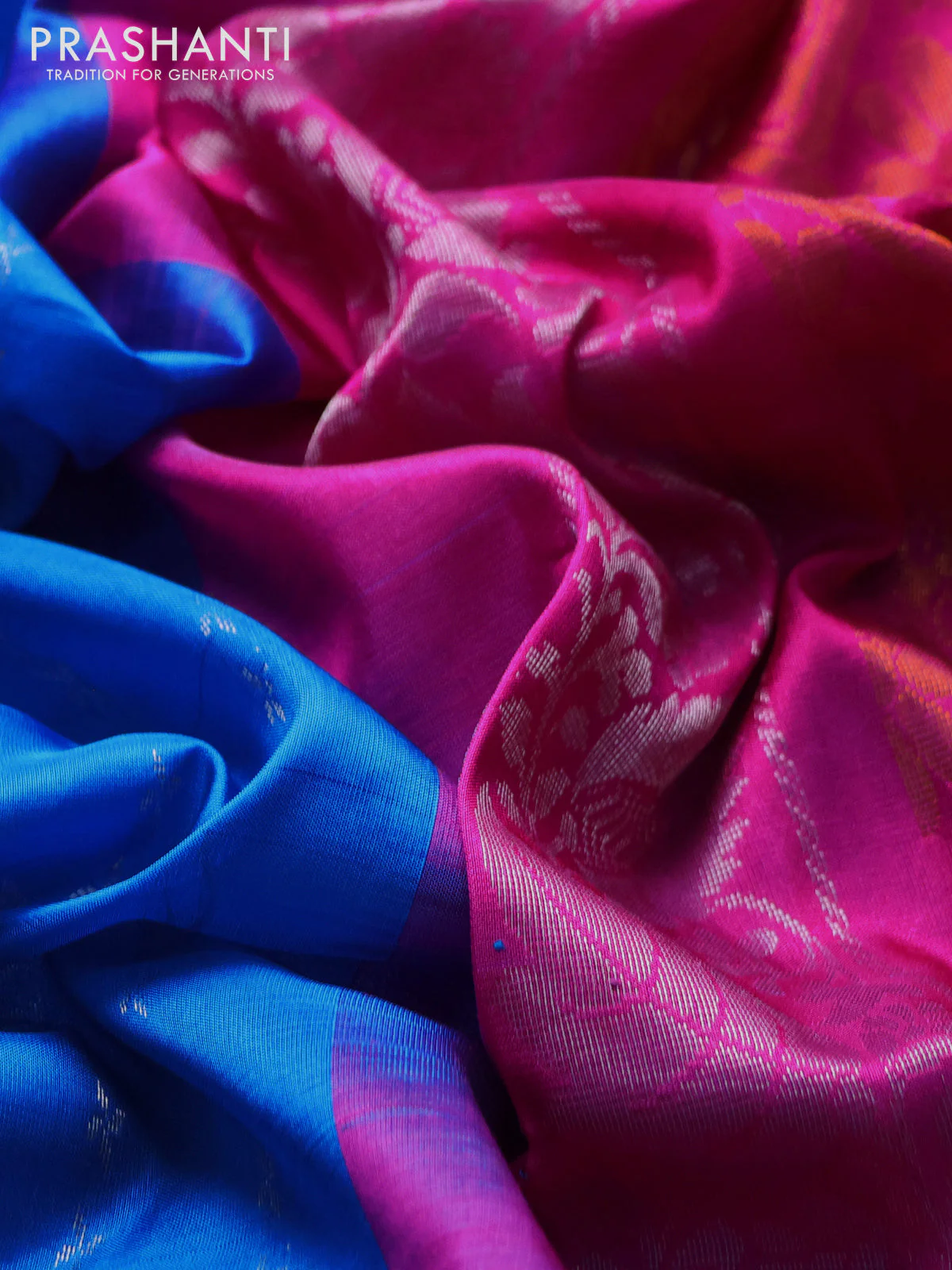 Pure uppada silk saree cs blue and pink with silver & gold zari weaves and zari woven ikat style border - Image 3