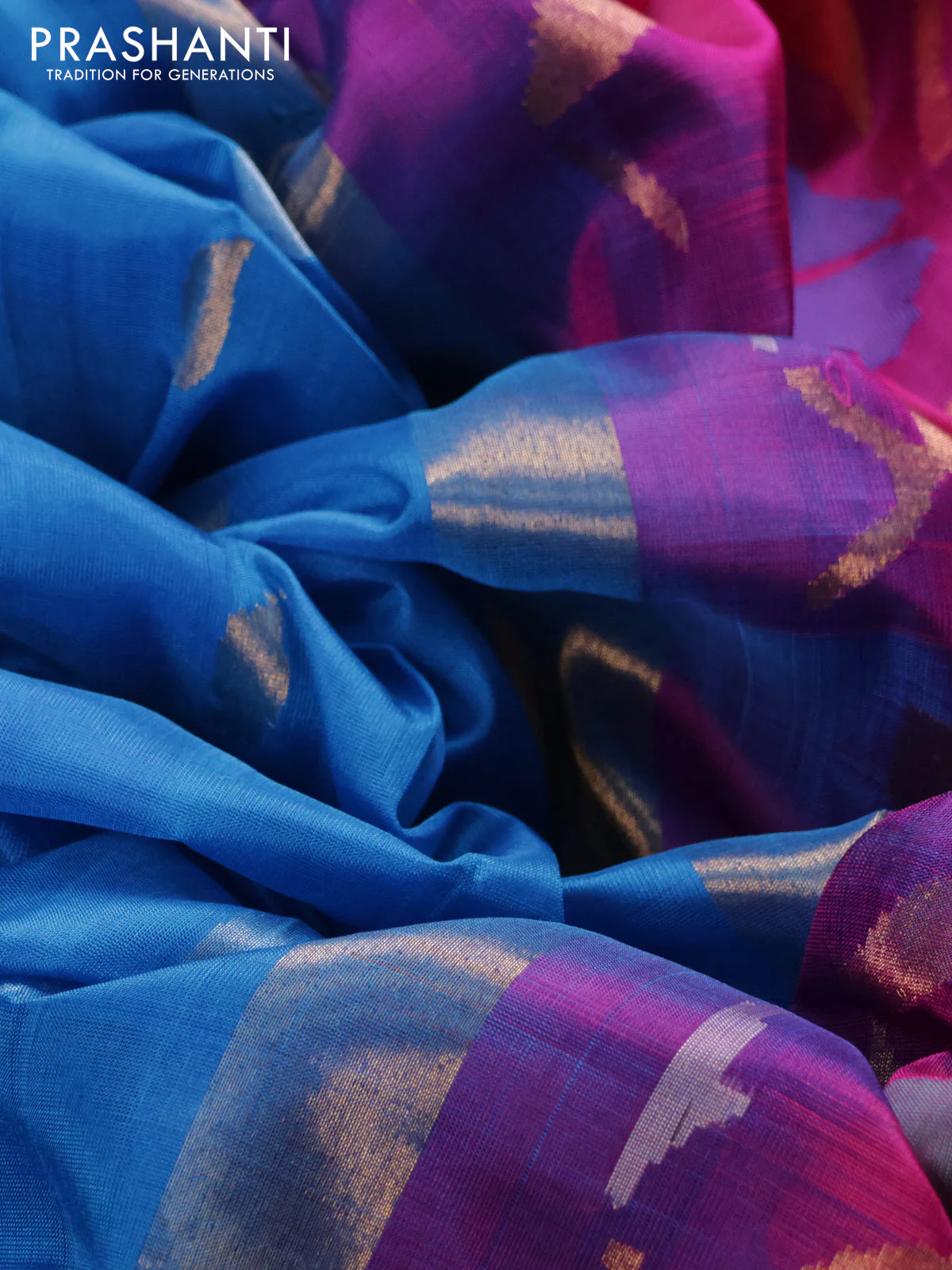 Pure uppada silk saree cs blue and pink with silver & gold zari woven leaf buttas and jamdhani design pallu - Image 3