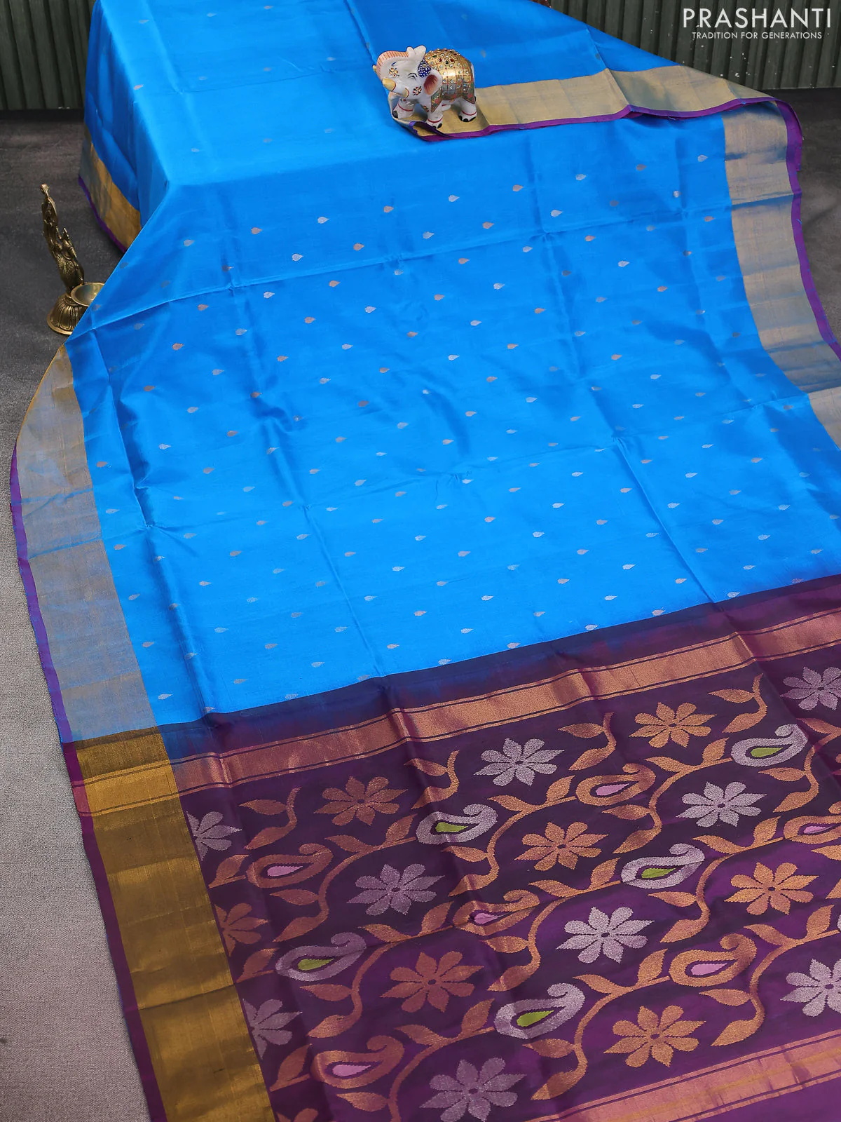 Pure uppada silk saree cs blue and purple with jamdhani buttas and jamdhani design pallu - Image 2