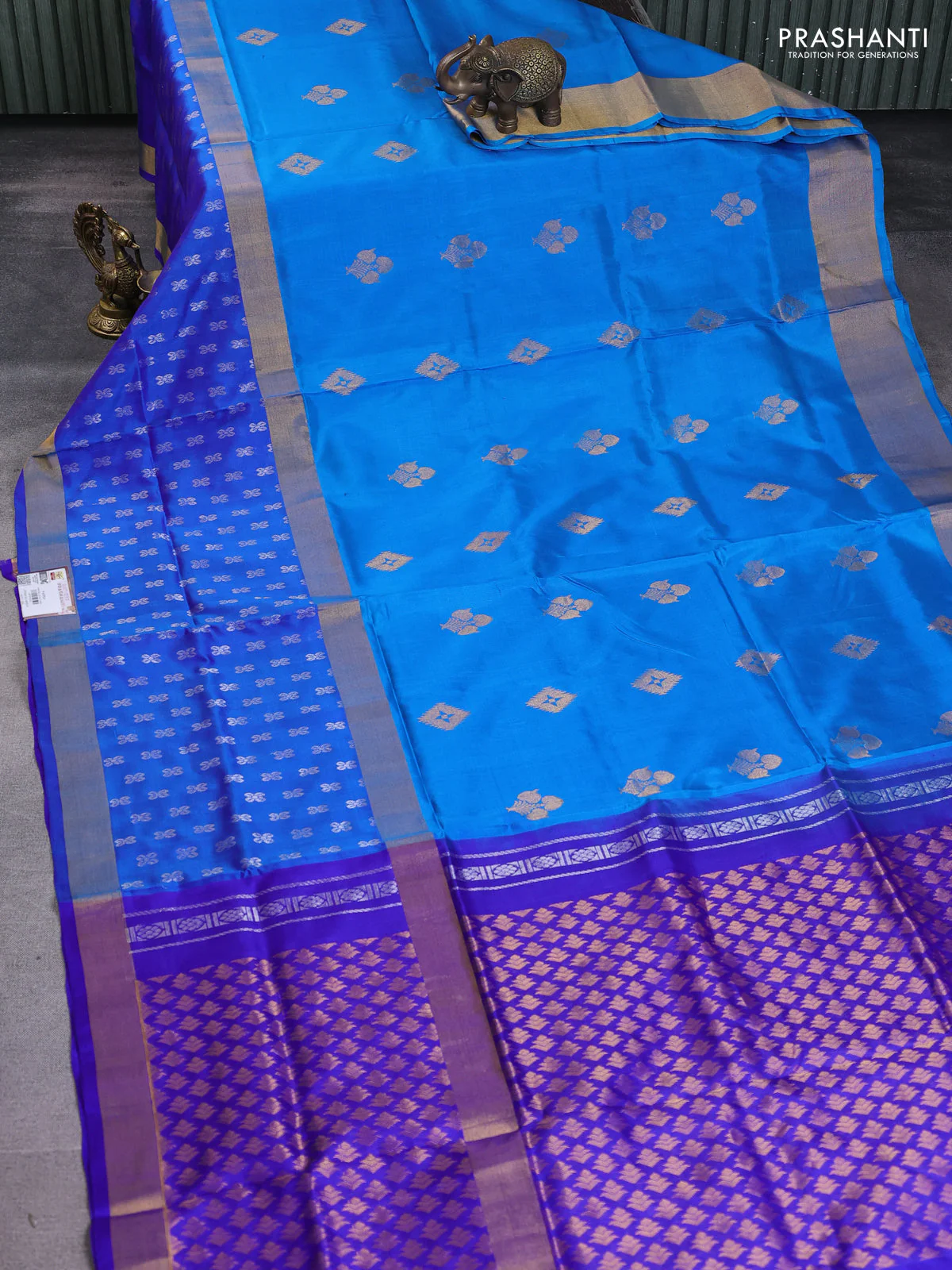 Pure uppada silk saree cs blue and royal blue with silver & gold zari woven buttas and long zari woven butta border - Image 2