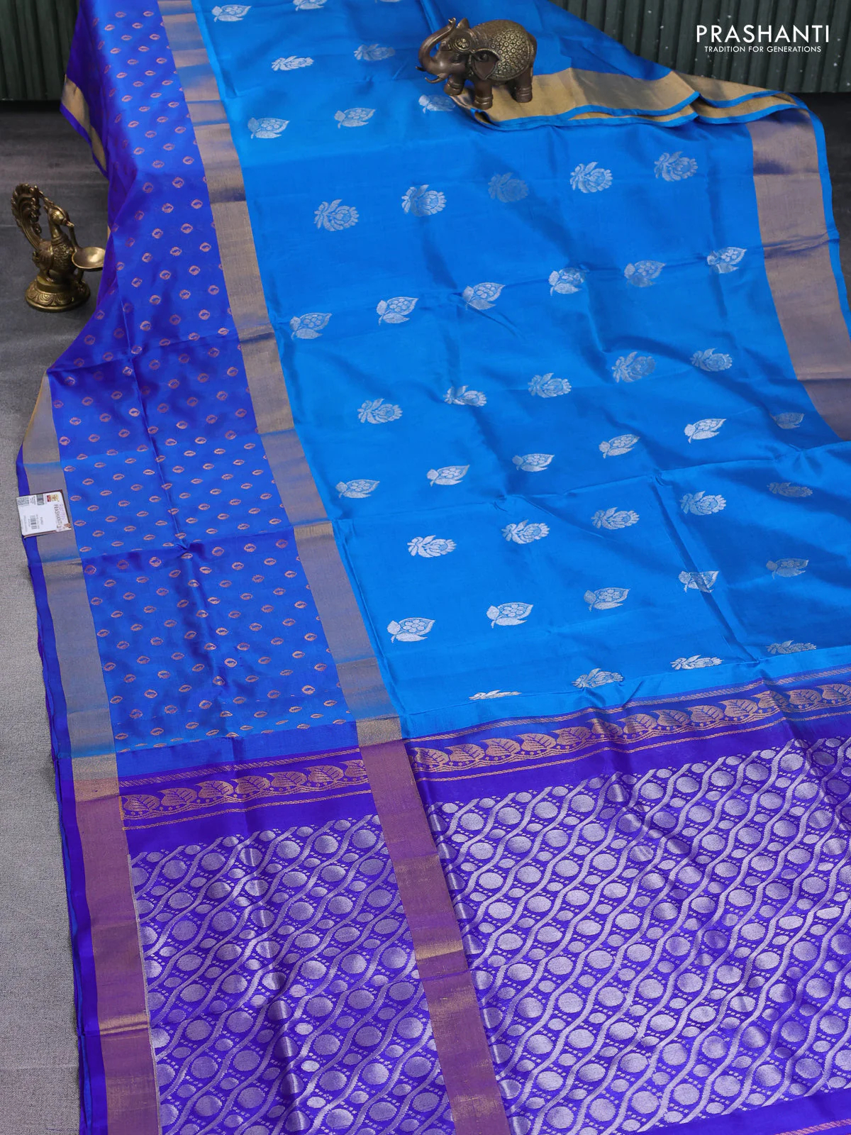 Pure uppada silk saree cs blue and royal blue with silver zari woven buttas and long zari woven butta border - Image 2