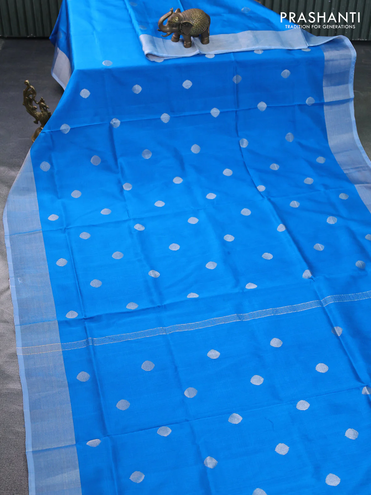 Pure uppada silk saree cs blue with silver zari woven coin buttas and silver zari woven border - Image 2
