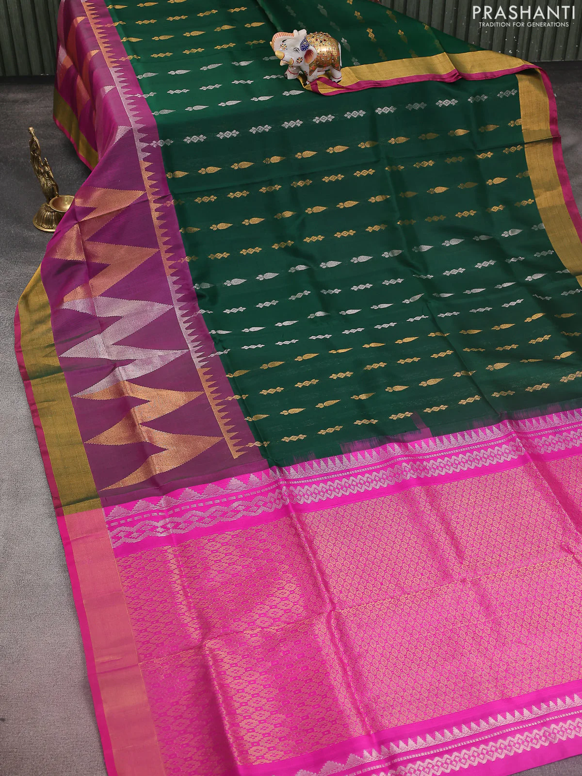 Pure uppada silk saree dark green and pink with allover silver & gold zari buttas and long zari woven border - Image 2
