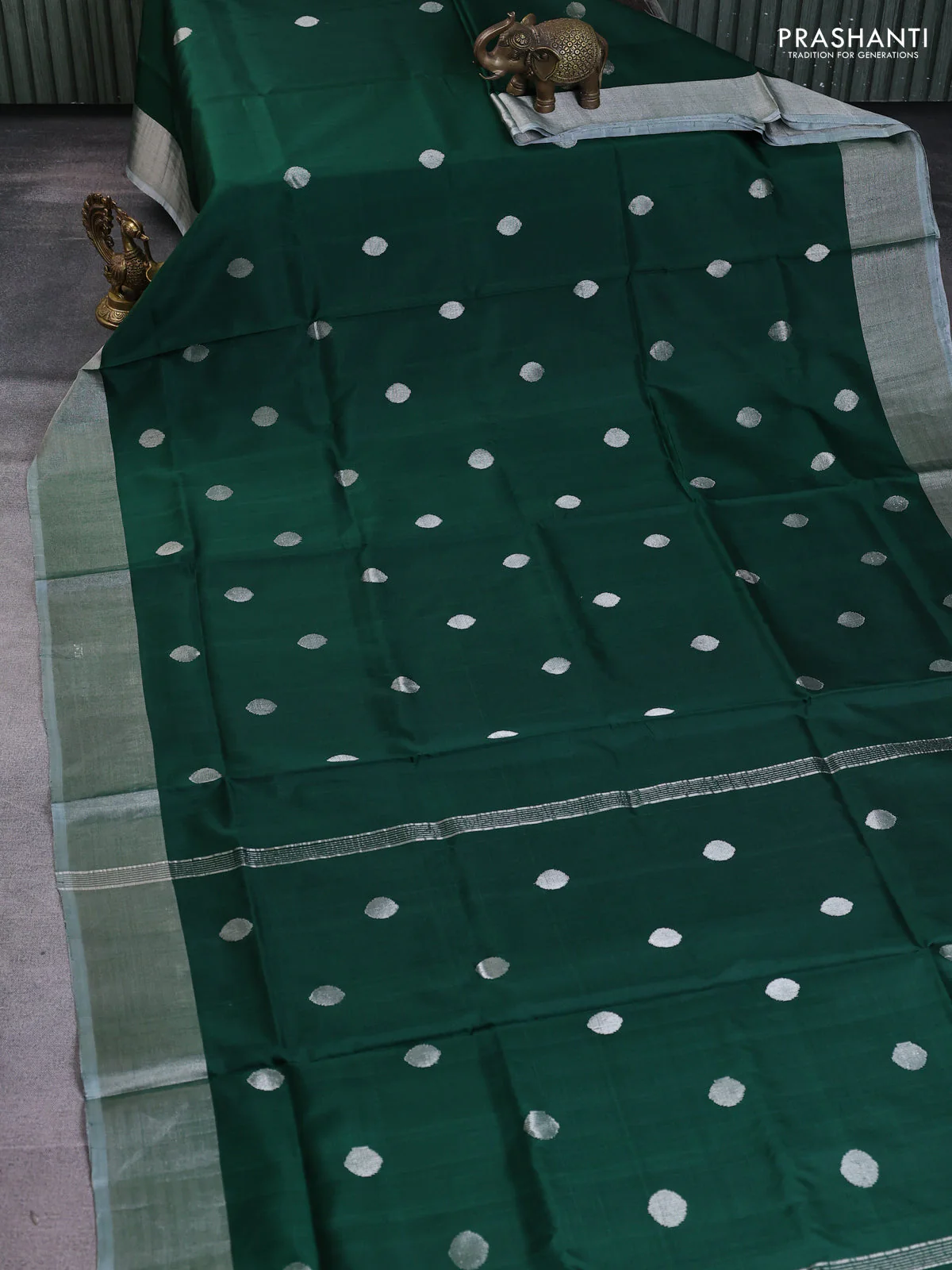 Pure uppada silk saree dark green with silver zari woven coin buttas and silver zari woven border - Image 2