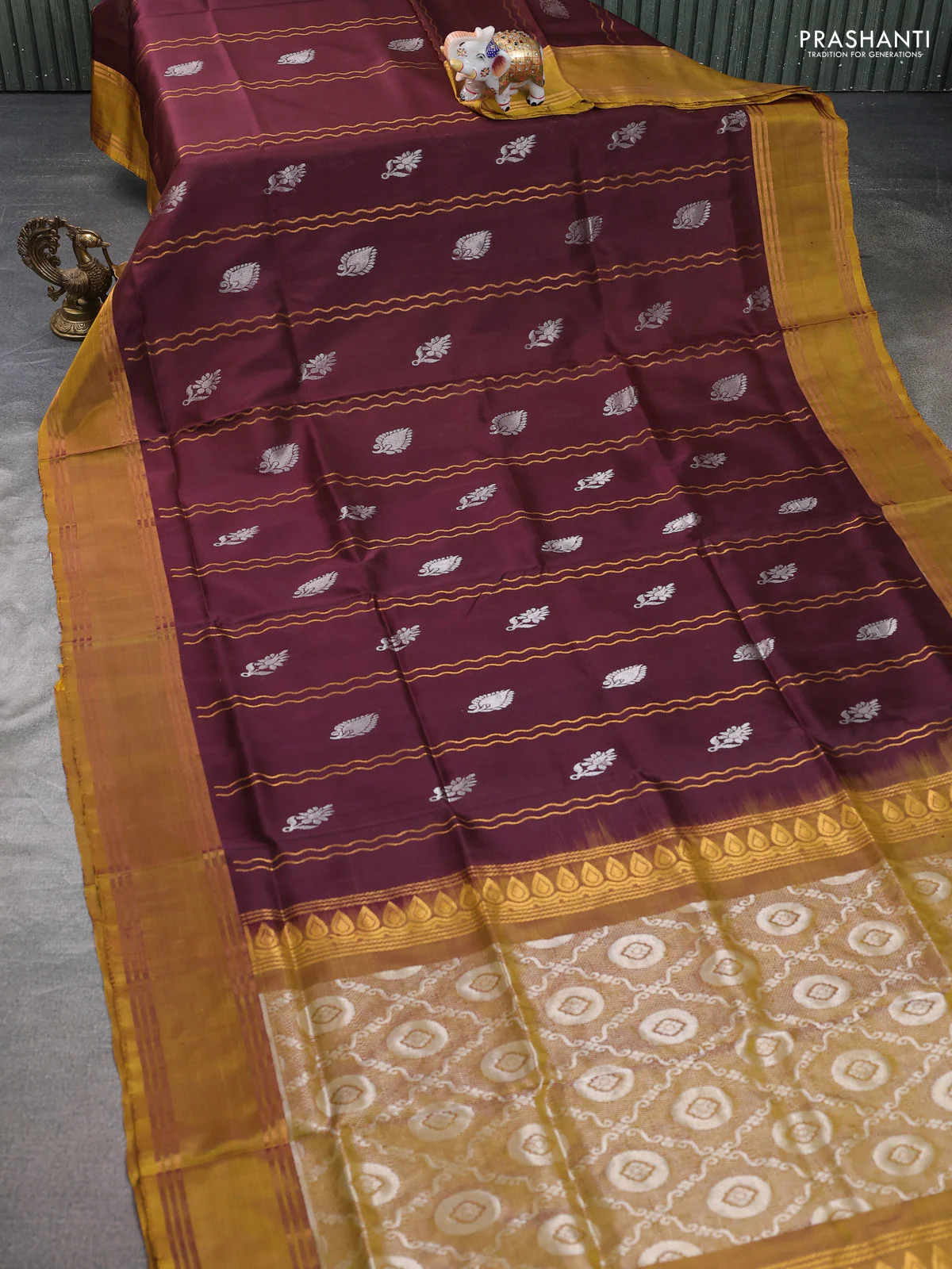 Pure uppada silk saree deep brown and mustard yellow with allover zari weaves & silver buttas and rettapet zari woven border - Image 2