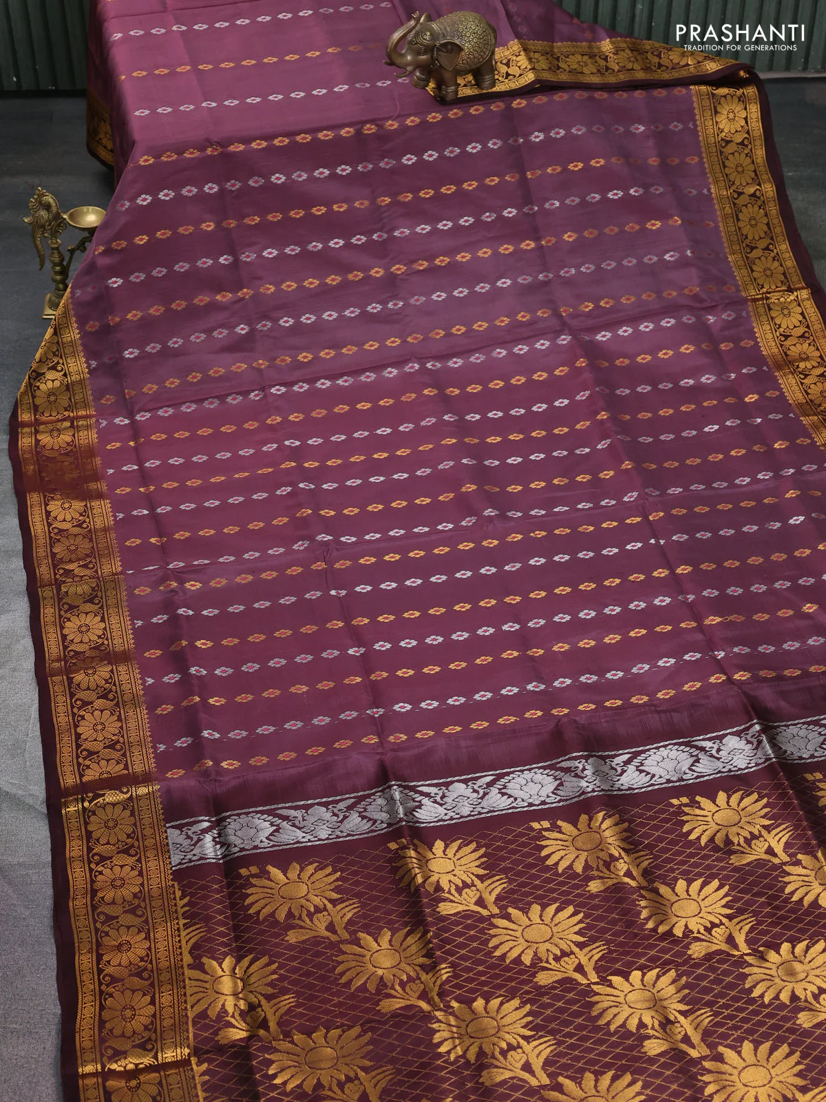 Pure uppada silk saree deep jamun and coffee brown with silver & gold zari woven floral buttas and zari woven floral border - Image 2