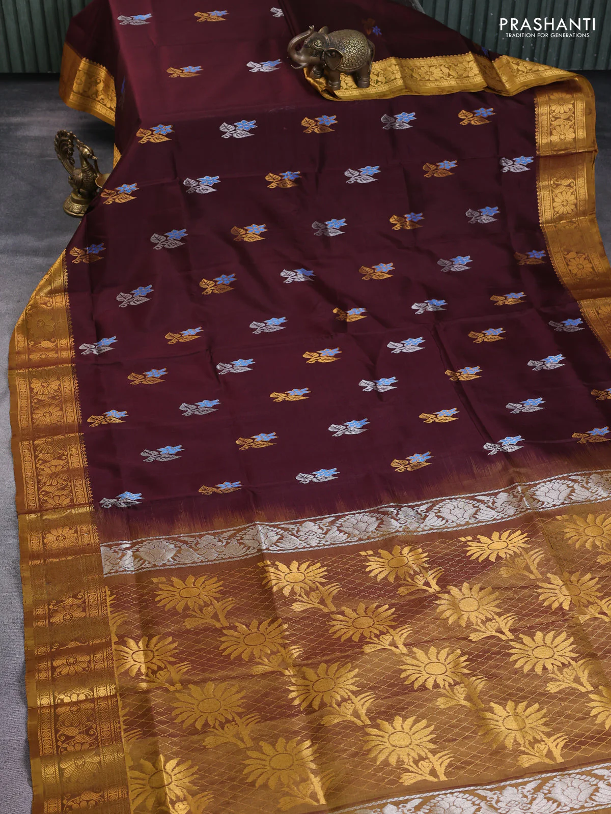 Pure uppada silk saree deep maroon and dark mustard with silver & gold zari woven floral buttas and zari woven border - Image 2