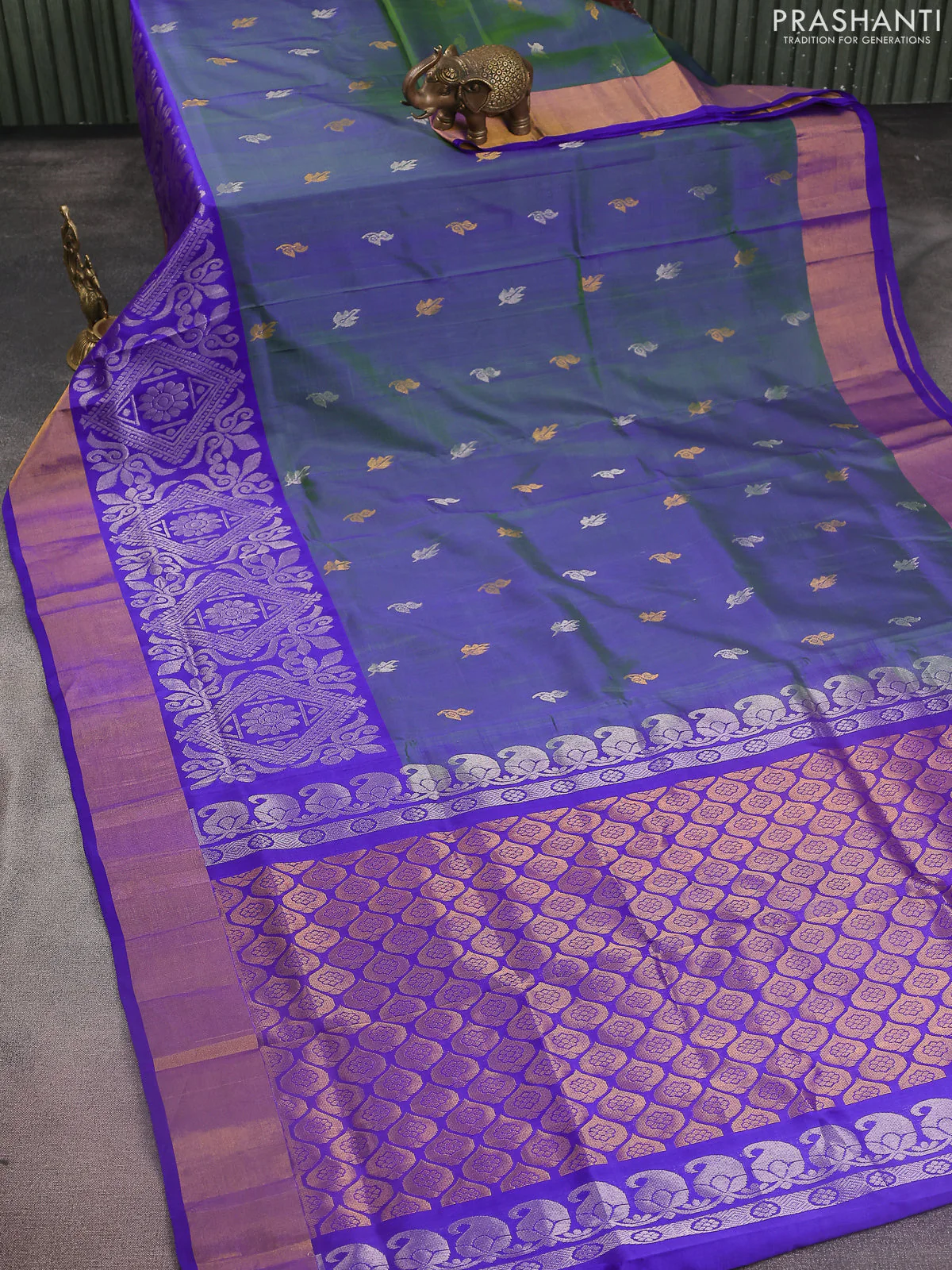 Pure uppada silk saree dual shade of bluish green and blue with silver & gold zari woven buttas and long zari wovenn border - Image 2