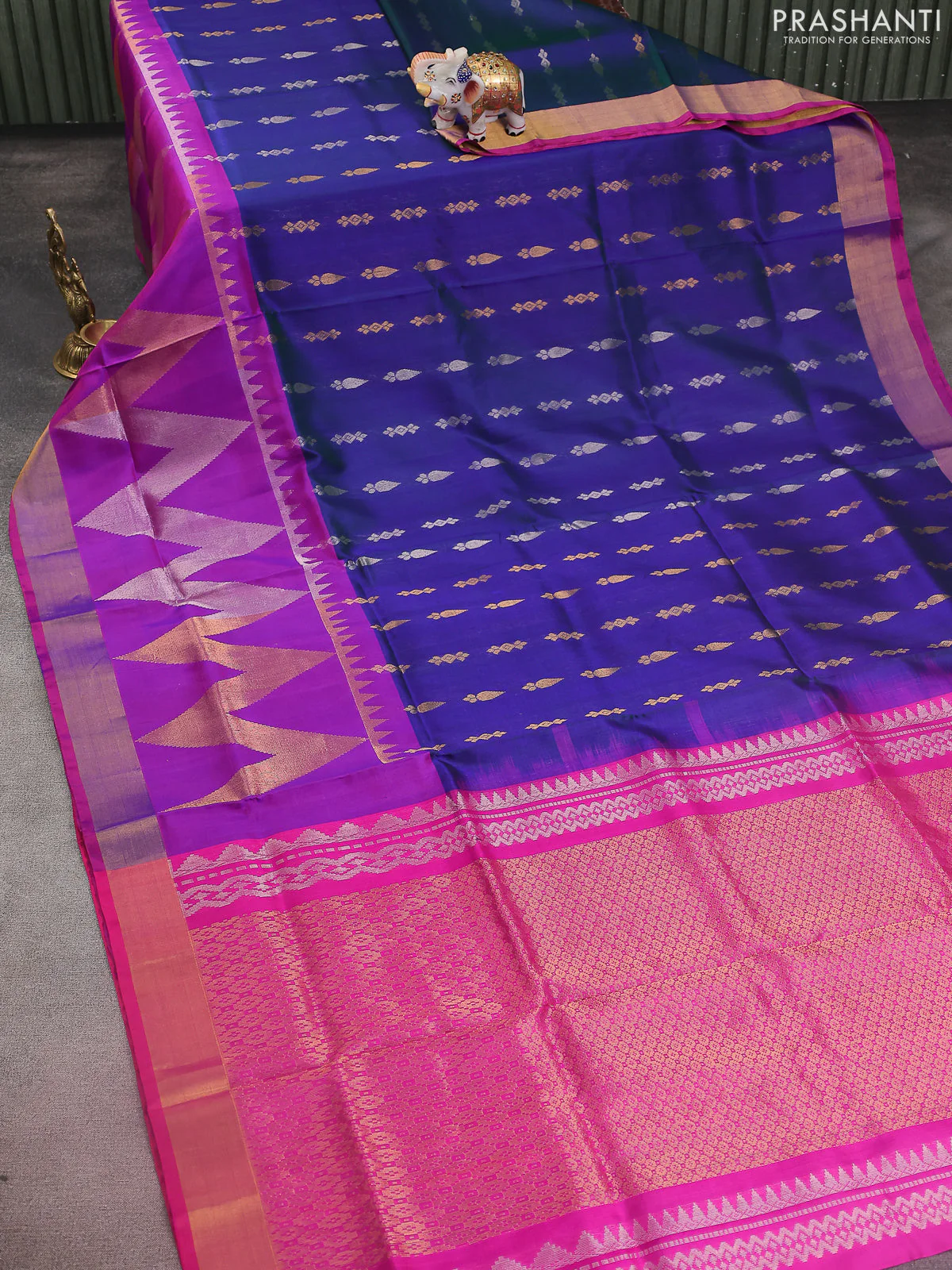 Pure uppada silk saree dual shade of bluish green and purple with allover silver & gold zari buttas and long zari woven border - Image 2