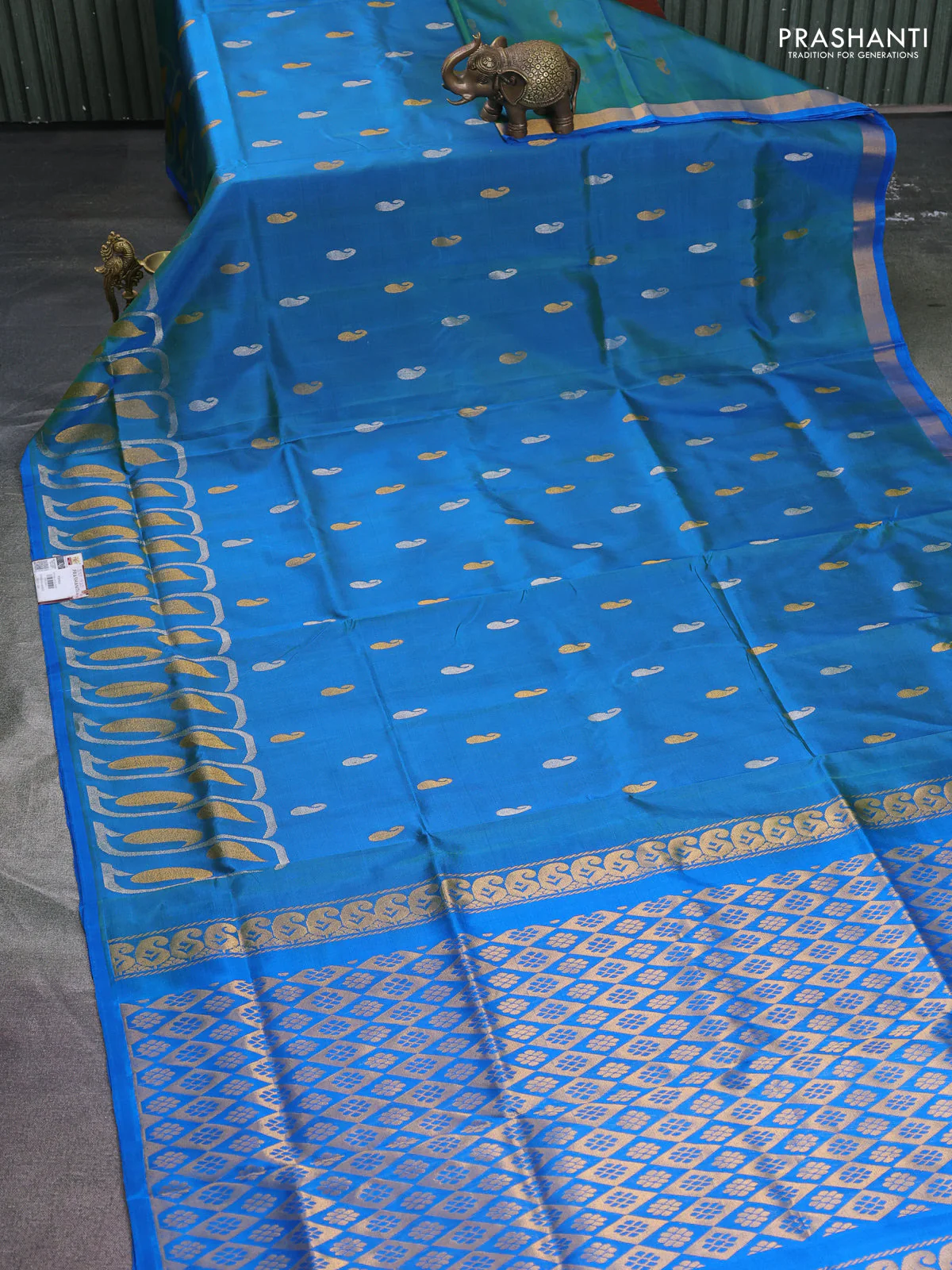 Pure uppada silk saree dual shade of cs blue with silver & gold paisley zari woven buttas and rich zari woven border - Image 2