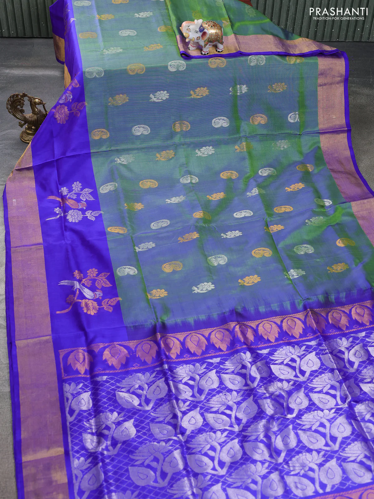 Pure uppada silk saree dual shade of greenish blue and blue with silver & gold zari woven buttas and zari woven border - Image 2