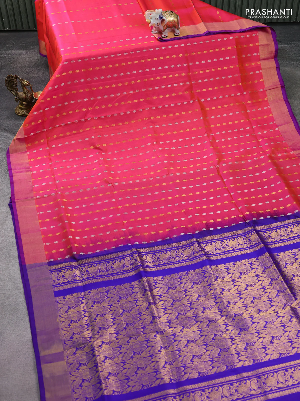 Pure uppada silk saree dual shade of pinkish orange and blue with allover silver & gold zari weaves and zari woven border - Image 2